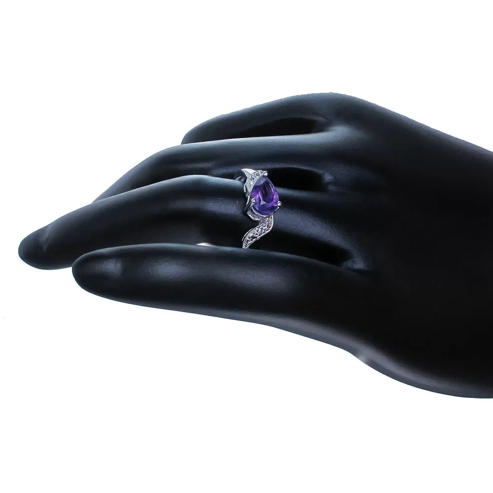 0.60 cttw Purple Amethyst Ring .925 Sterling Silver with Rhodium Pear Cut 7x5 MM