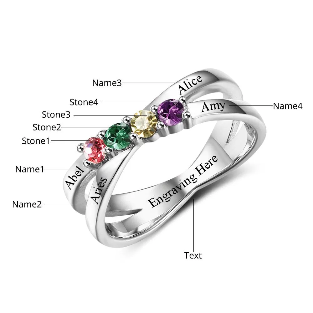 4 Birthstone Sterling Silver Mother's Ring Lined Hearts Split Band 4 Names