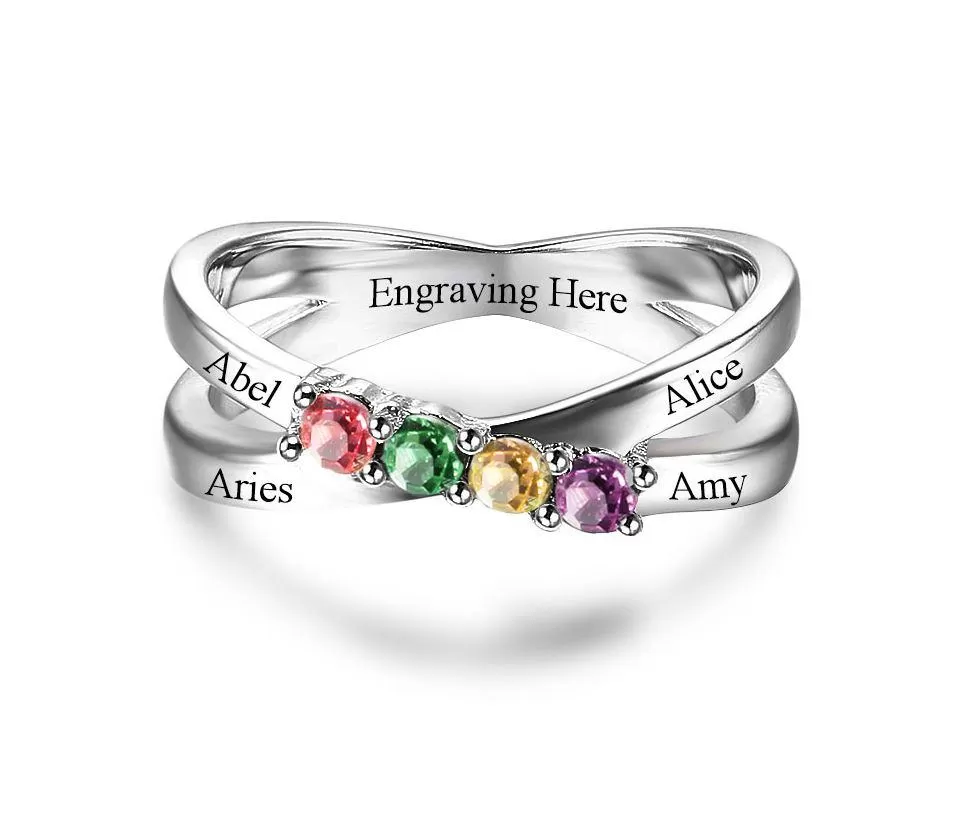 4 Birthstone Sterling Silver Mother's Ring Lined Hearts Split Band 4 Names