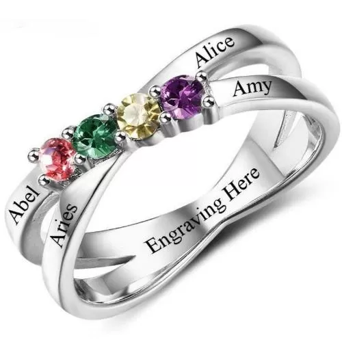 4 Birthstone Sterling Silver Mother's Ring Lined Hearts Split Band 4 Names