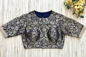 42A009 Navy Blue Banarasi Saree Blouse With Lace