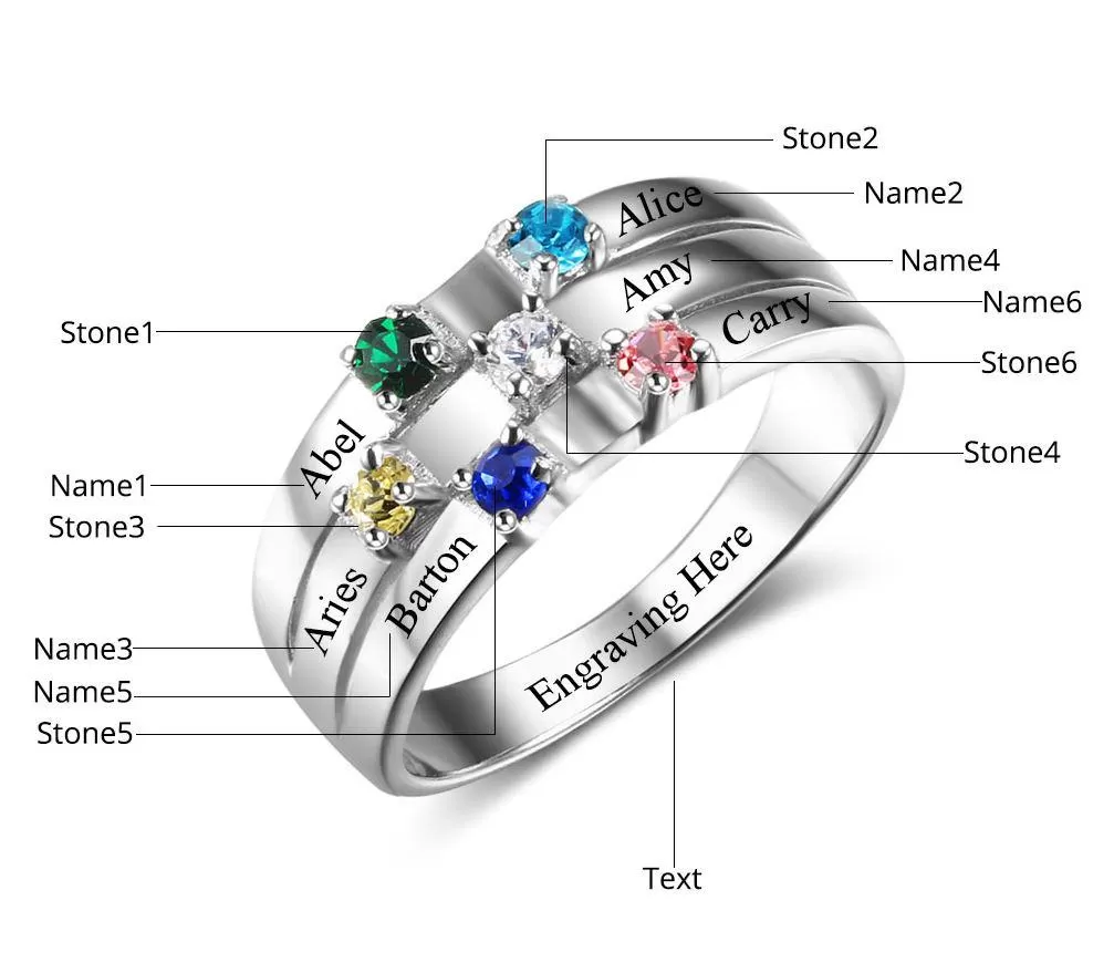 6 Birthstone Silver Mother's Ring 3 Split Ribbon Band 6 Names