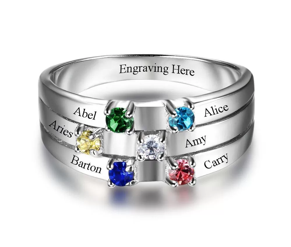 6 Birthstone Silver Mother's Ring 3 Split Ribbon Band 6 Names