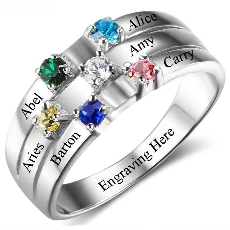 6 Birthstone Silver Mother's Ring 3 Split Ribbon Band 6 Names