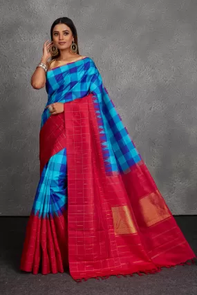 90N734 Blue Checker Kanjivaram Silk Saree with Pink Border