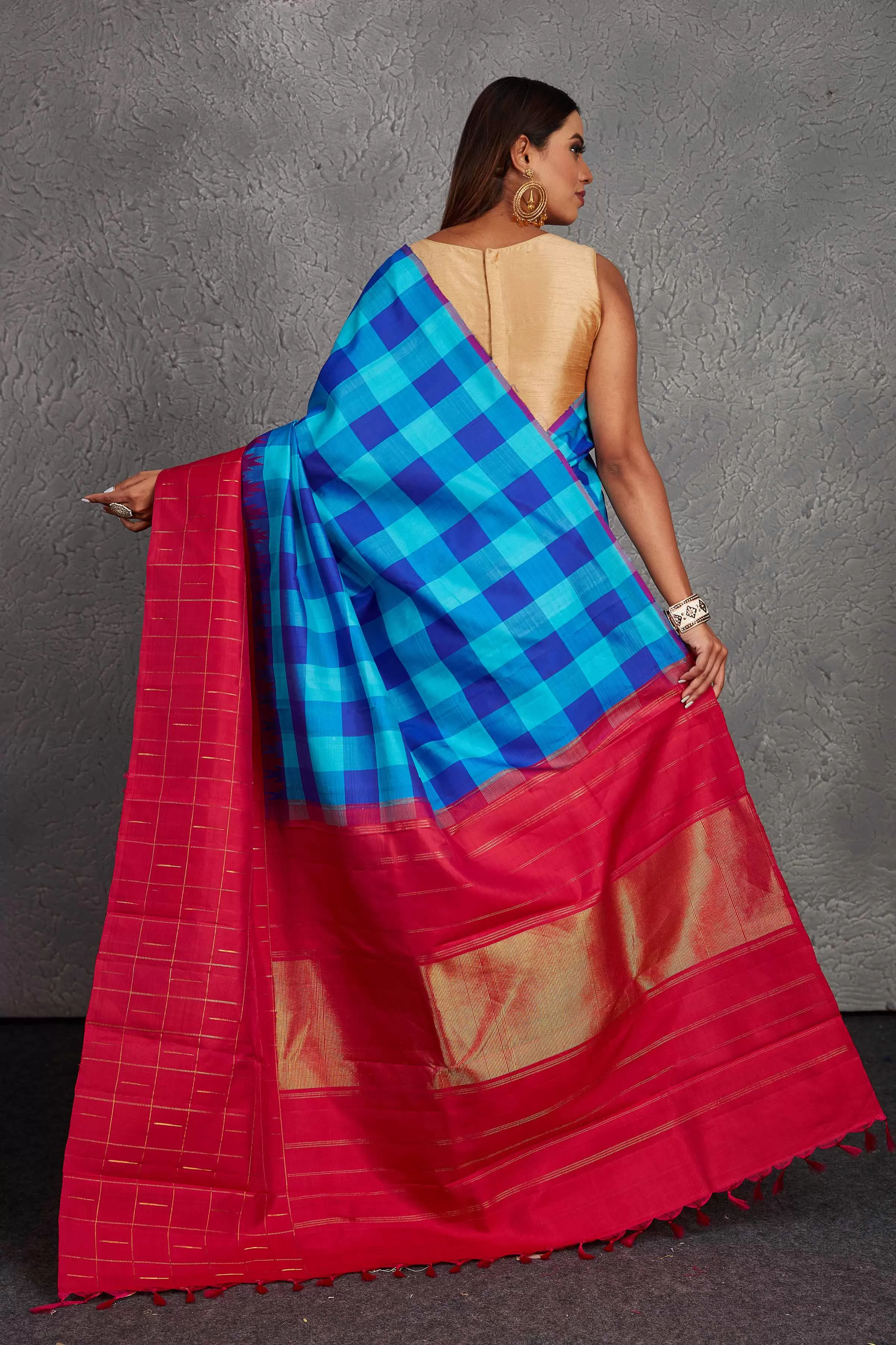 90N734 Blue Checker Kanjivaram Silk Saree with Pink Border