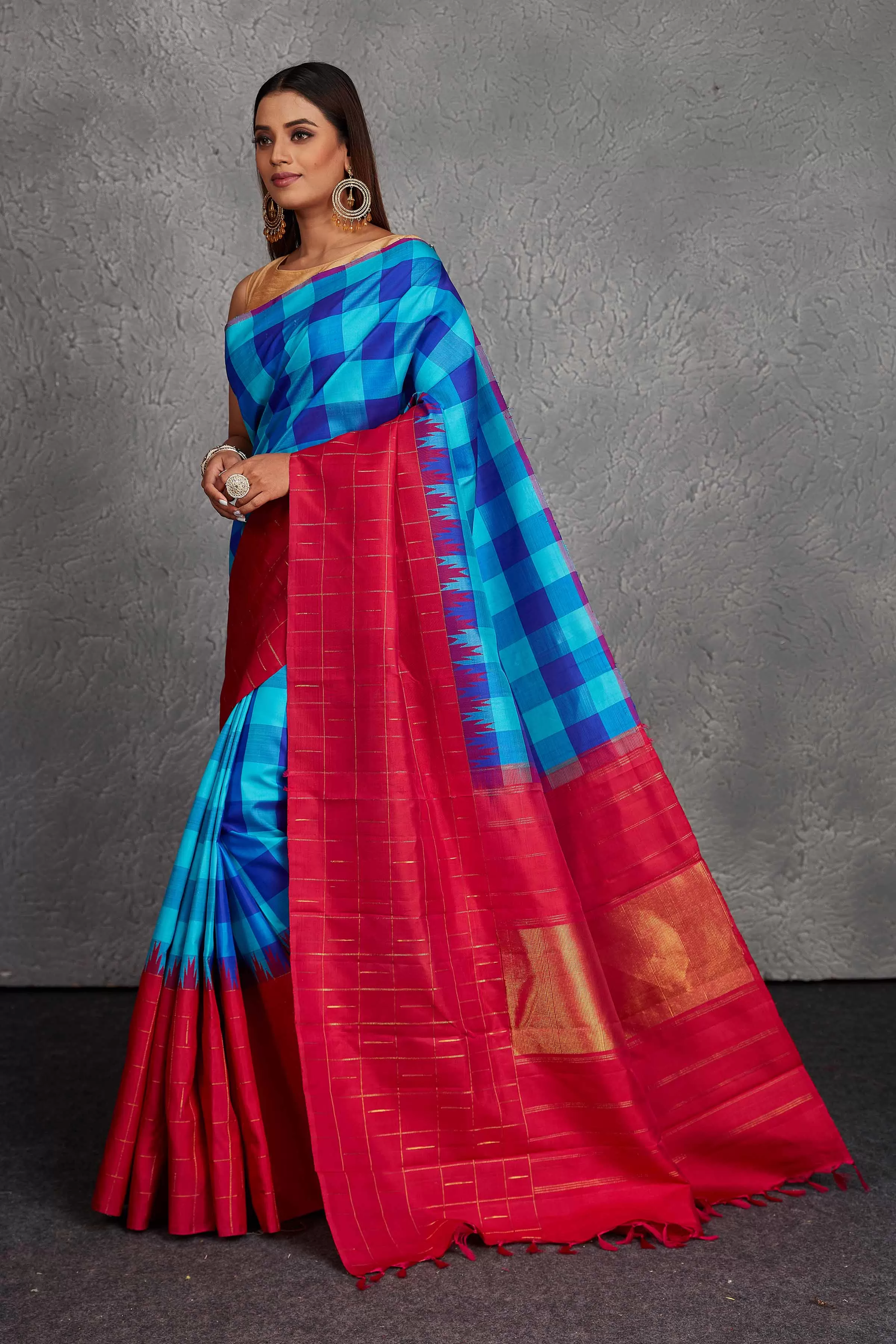 90N734 Blue Checker Kanjivaram Silk Saree with Pink Border