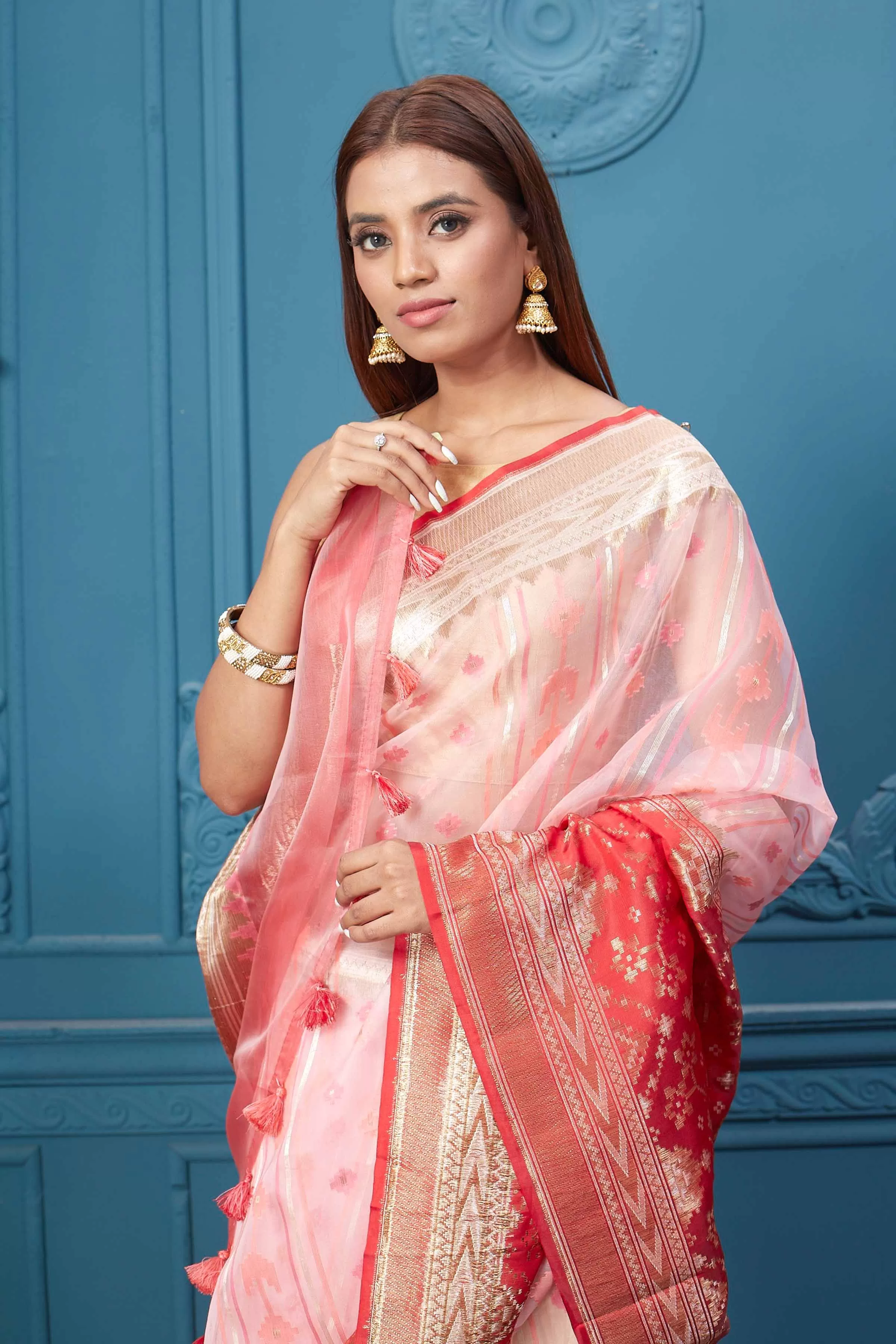 91A009 Powder Pink Fancy Kora Saree with Red Border