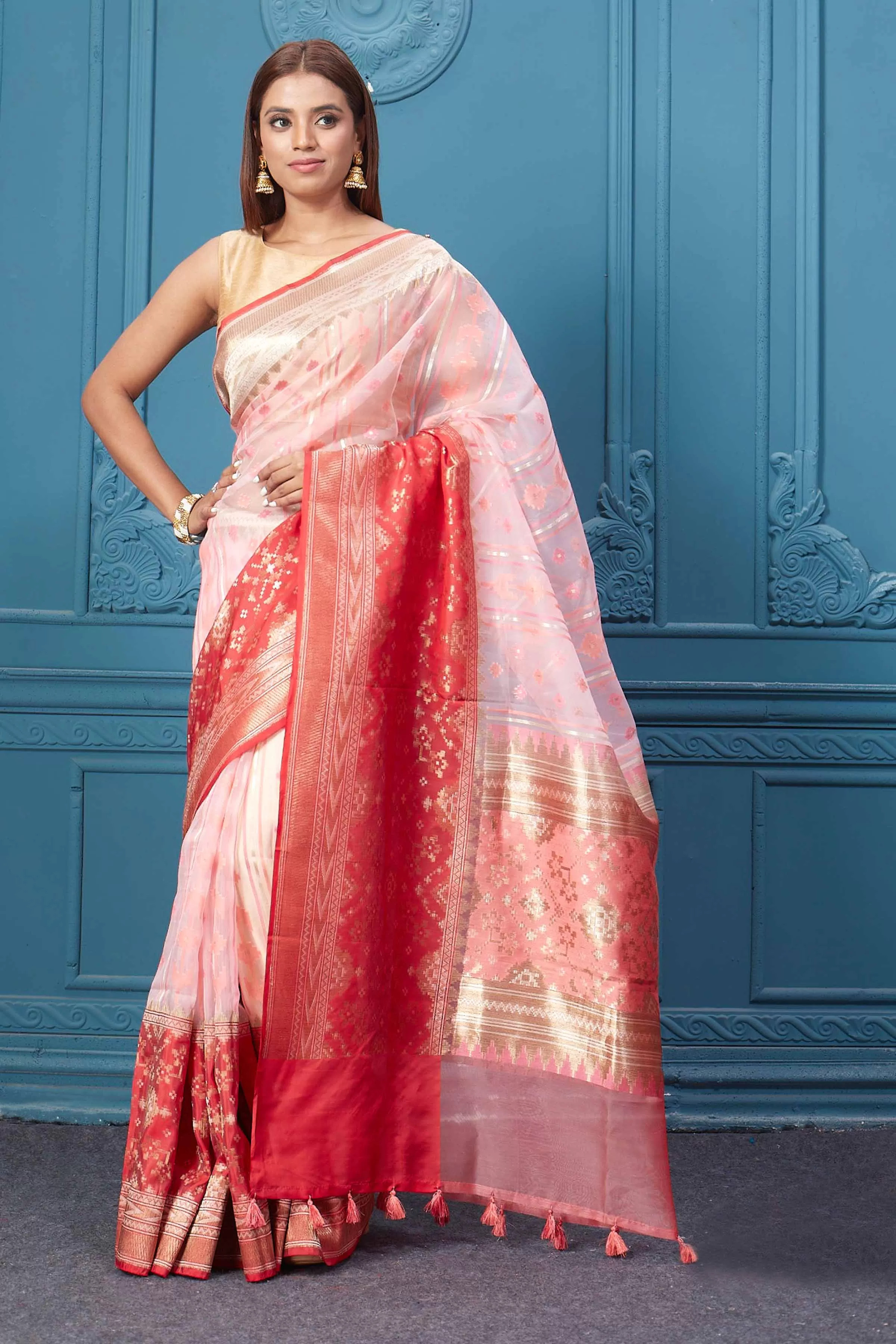 91A009 Powder Pink Fancy Kora Saree with Red Border