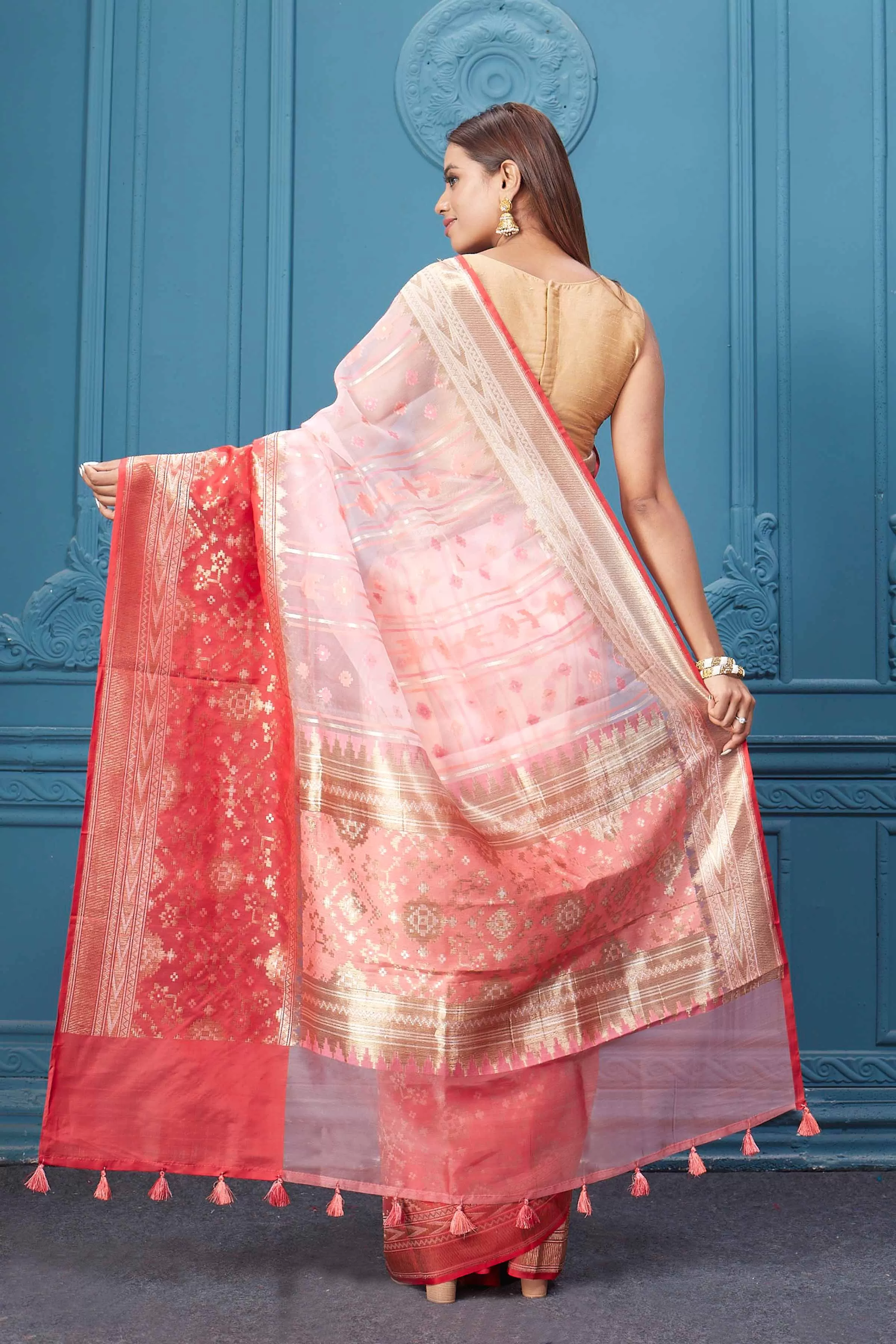 91A009 Powder Pink Fancy Kora Saree with Red Border