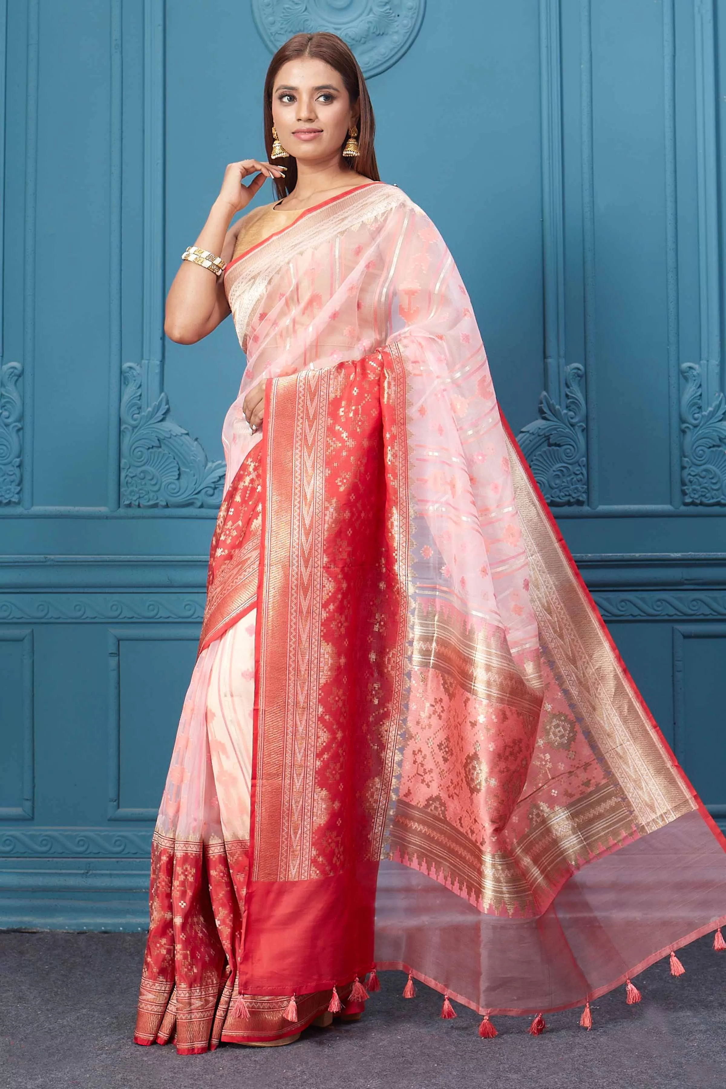 91A009 Powder Pink Fancy Kora Saree with Red Border