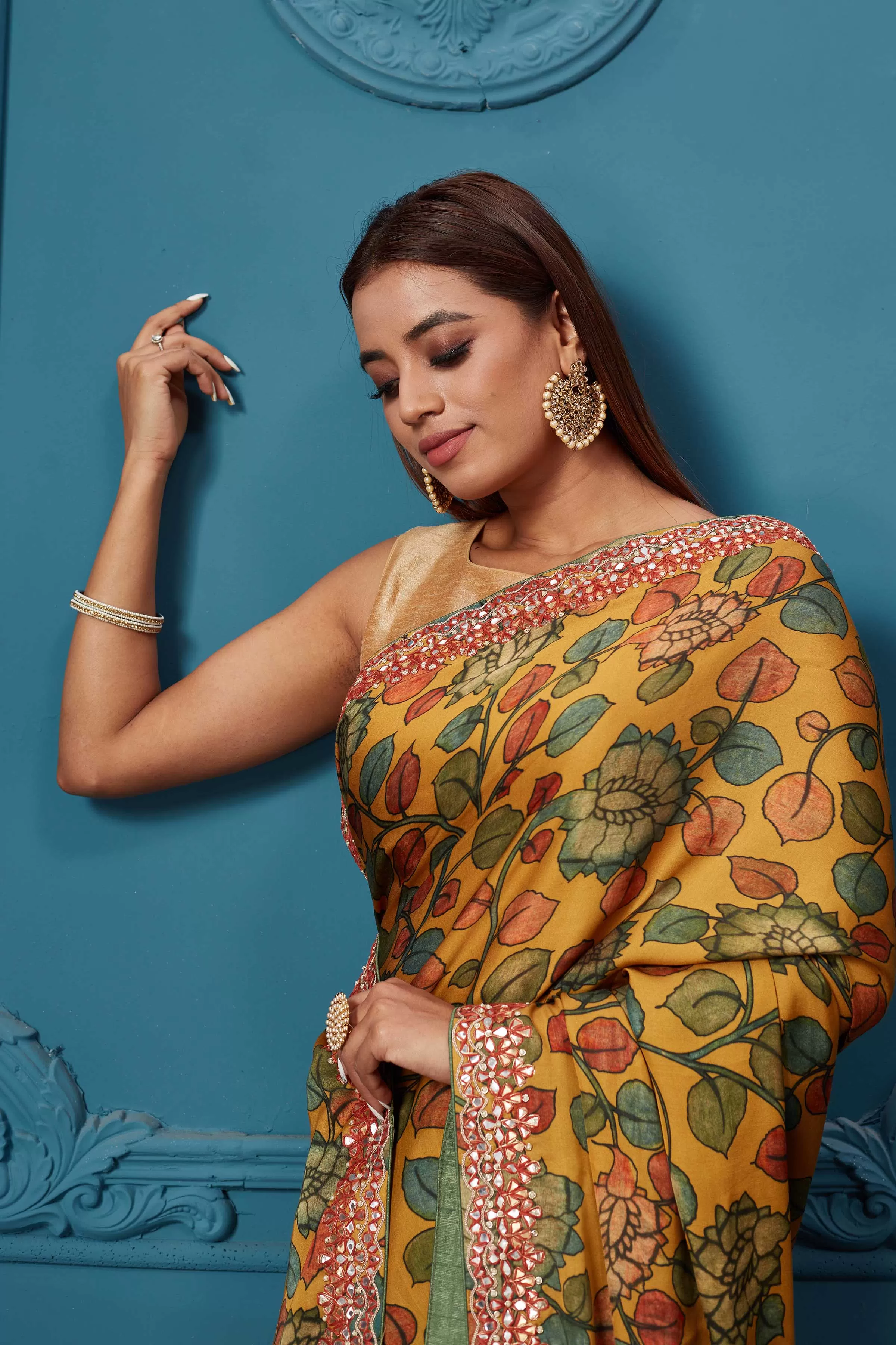 91A019 Mustard Kalamkari Crepe Sari with Embroidered Border