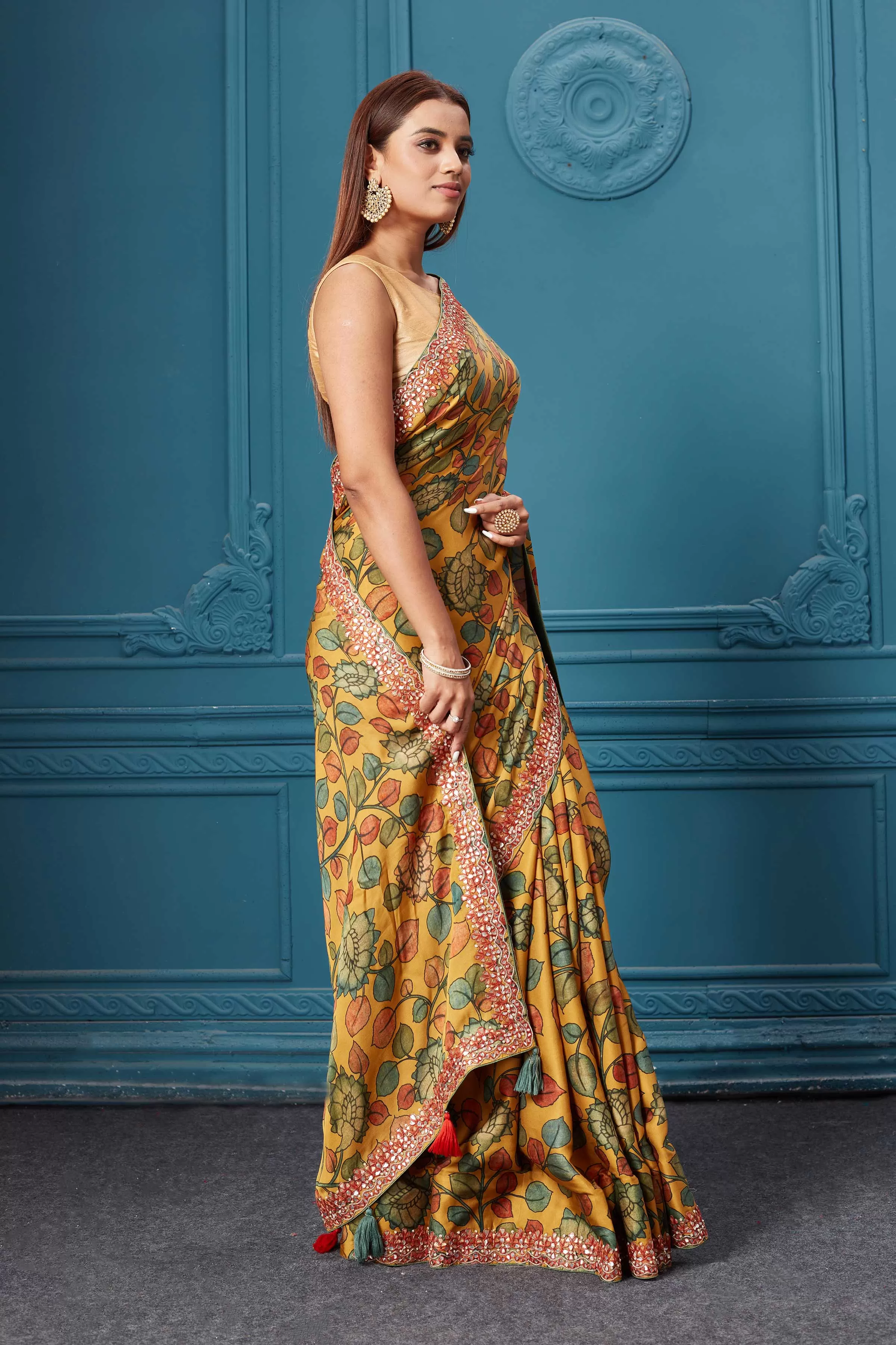 91A019 Mustard Kalamkari Crepe Sari with Embroidered Border