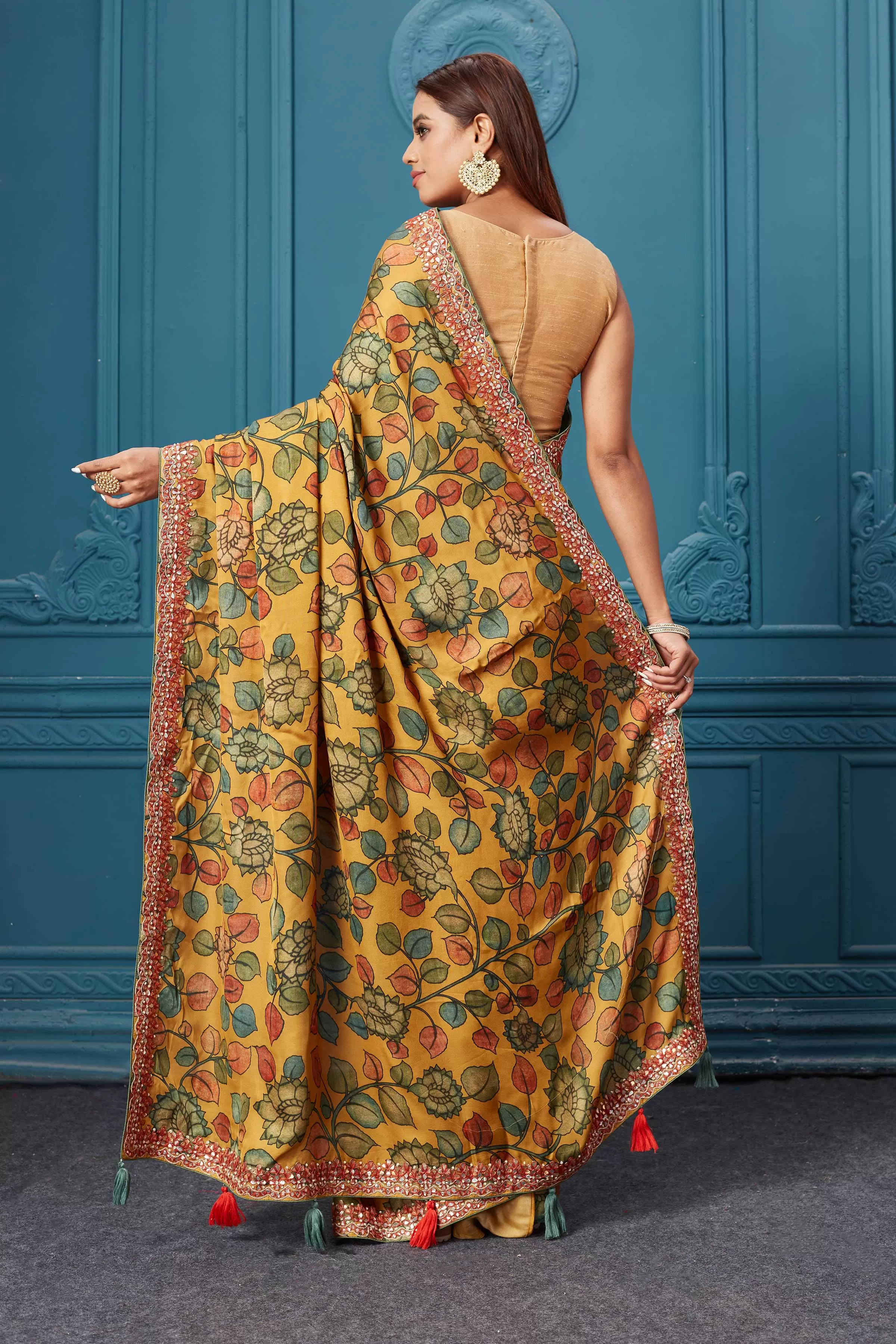 91A019 Mustard Kalamkari Crepe Sari with Embroidered Border