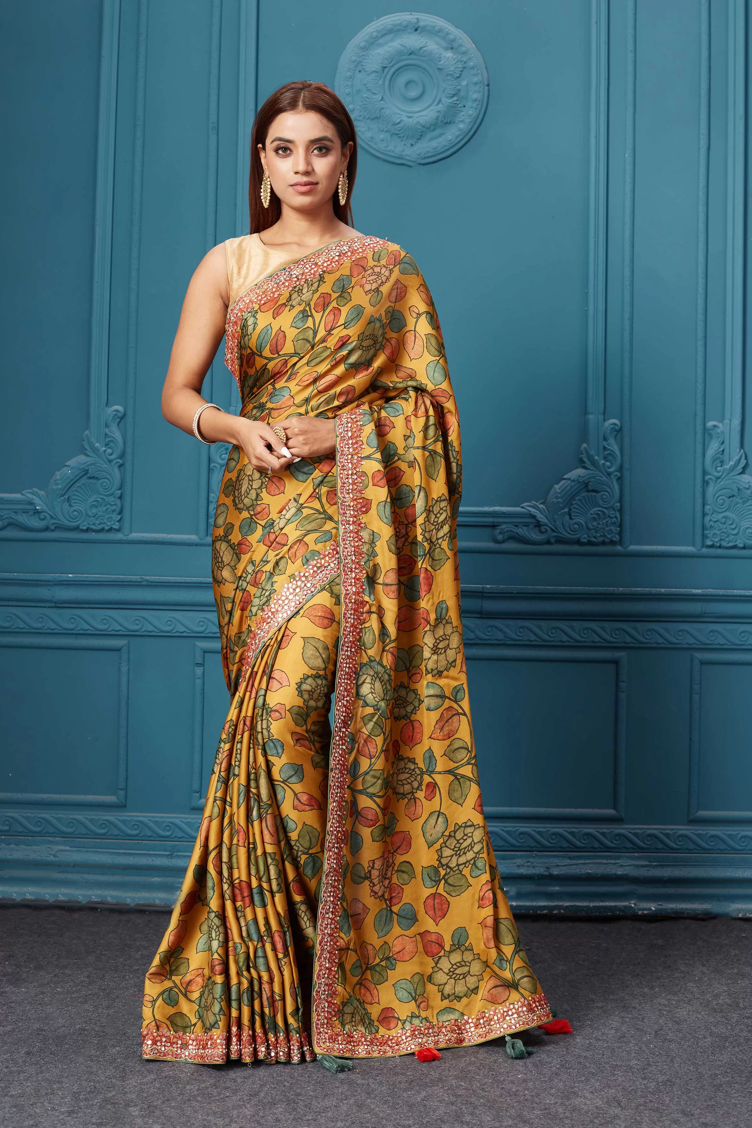 91A019 Mustard Kalamkari Crepe Sari with Embroidered Border