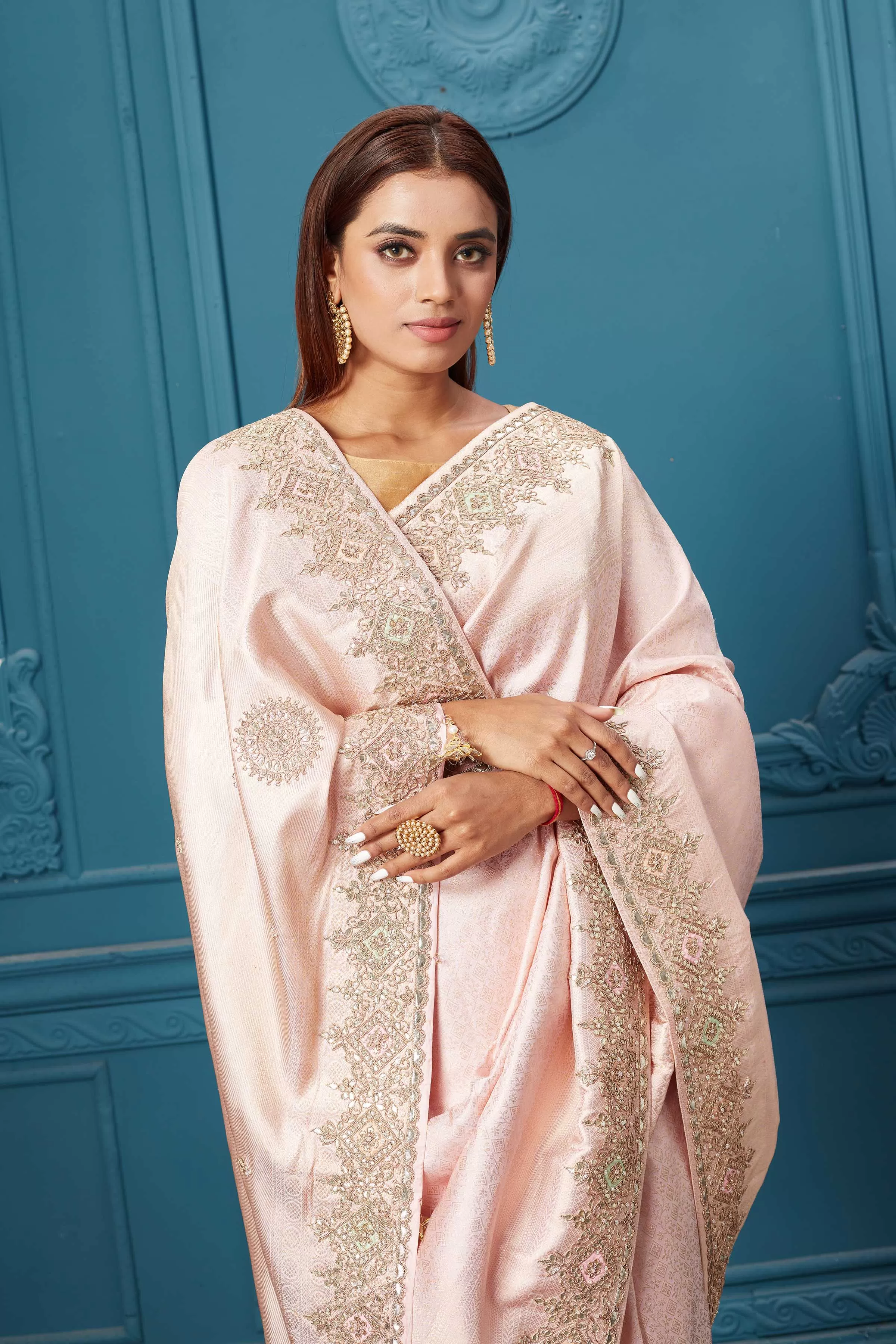 91A042 Light Pink Embroidered Kanjivaram Silk Saree