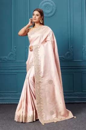 91A042 Light Pink Embroidered Kanjivaram Silk Saree