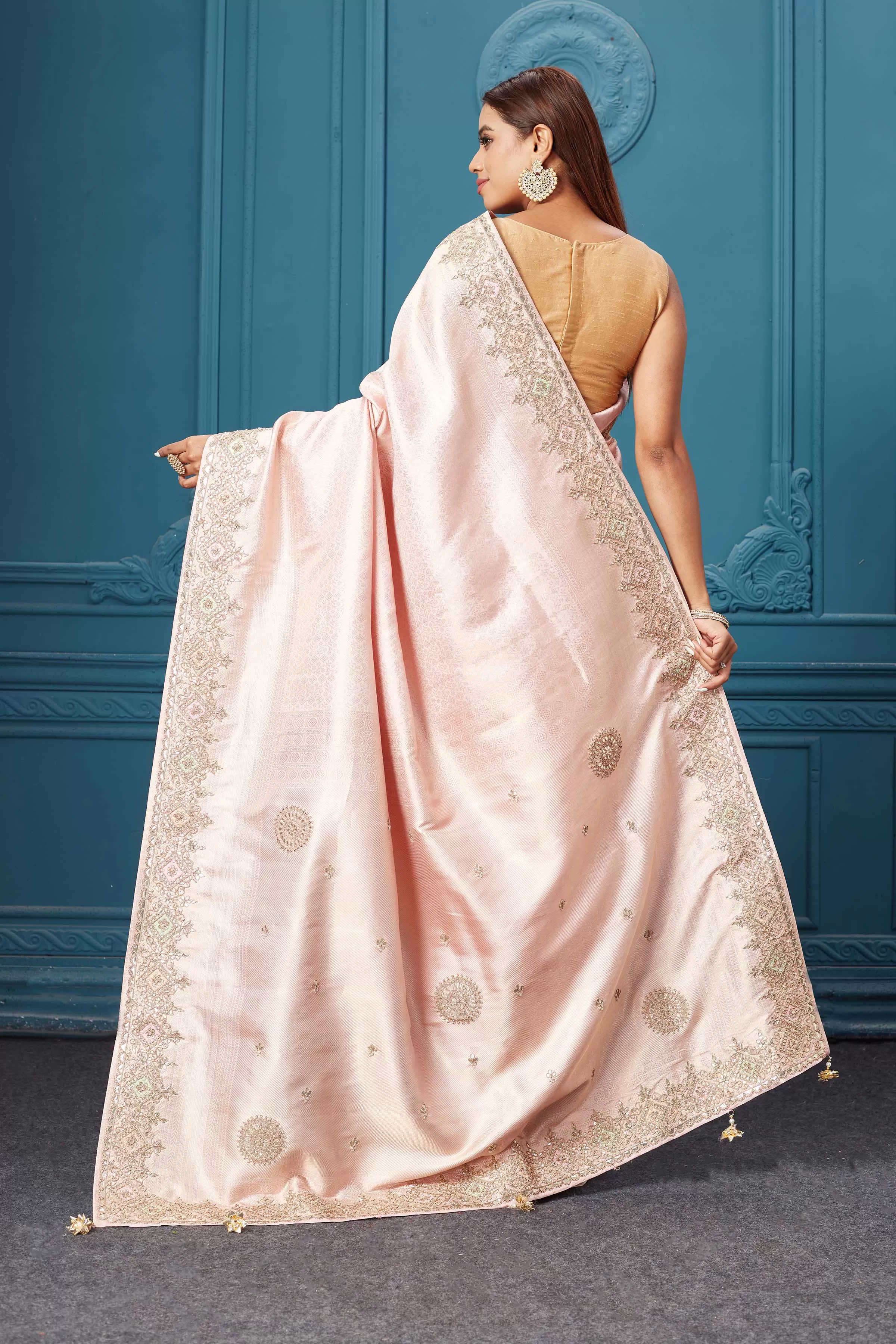 91A042 Light Pink Embroidered Kanjivaram Silk Saree