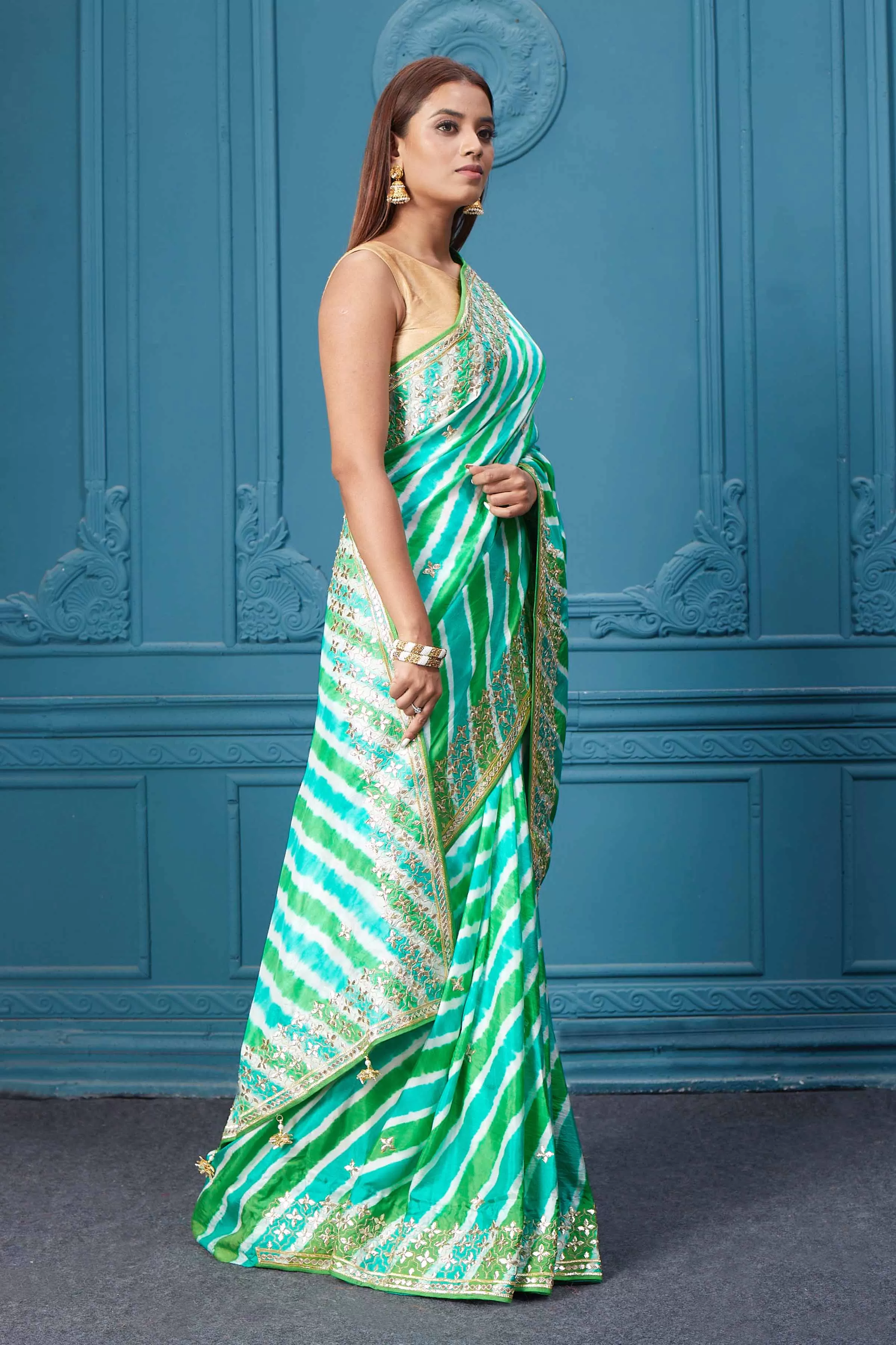 91A053 Green Leheriya Silk Saree with Embroidery