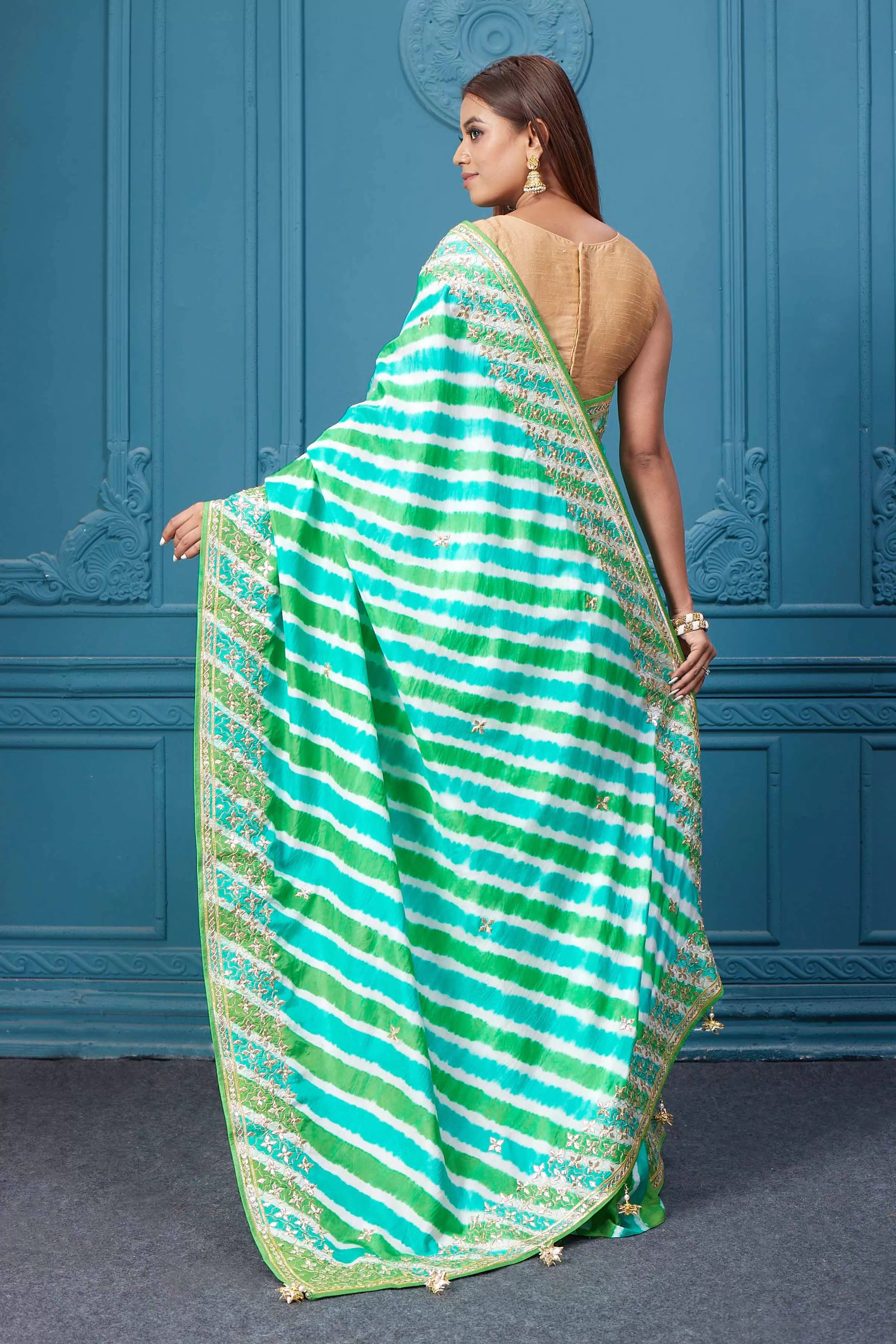 91A053 Green Leheriya Silk Saree with Embroidery