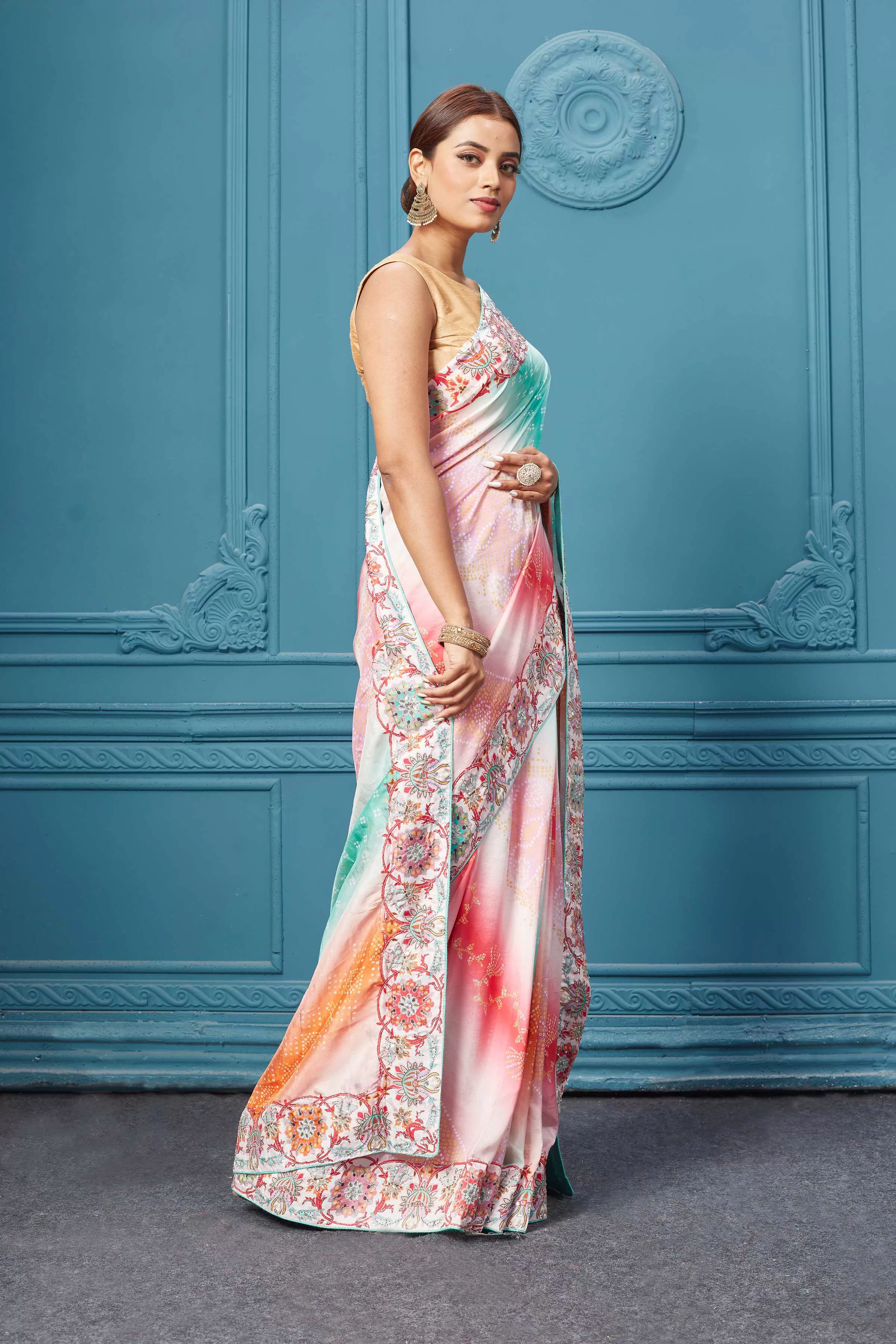 91A094 Pastel Pink Printed Embroidered Mulberry Silk Saree