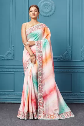 91A094 Pastel Pink Printed Embroidered Mulberry Silk Saree