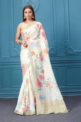 91A109 Cream Floral Embroidered Georgette Saree with Blouse