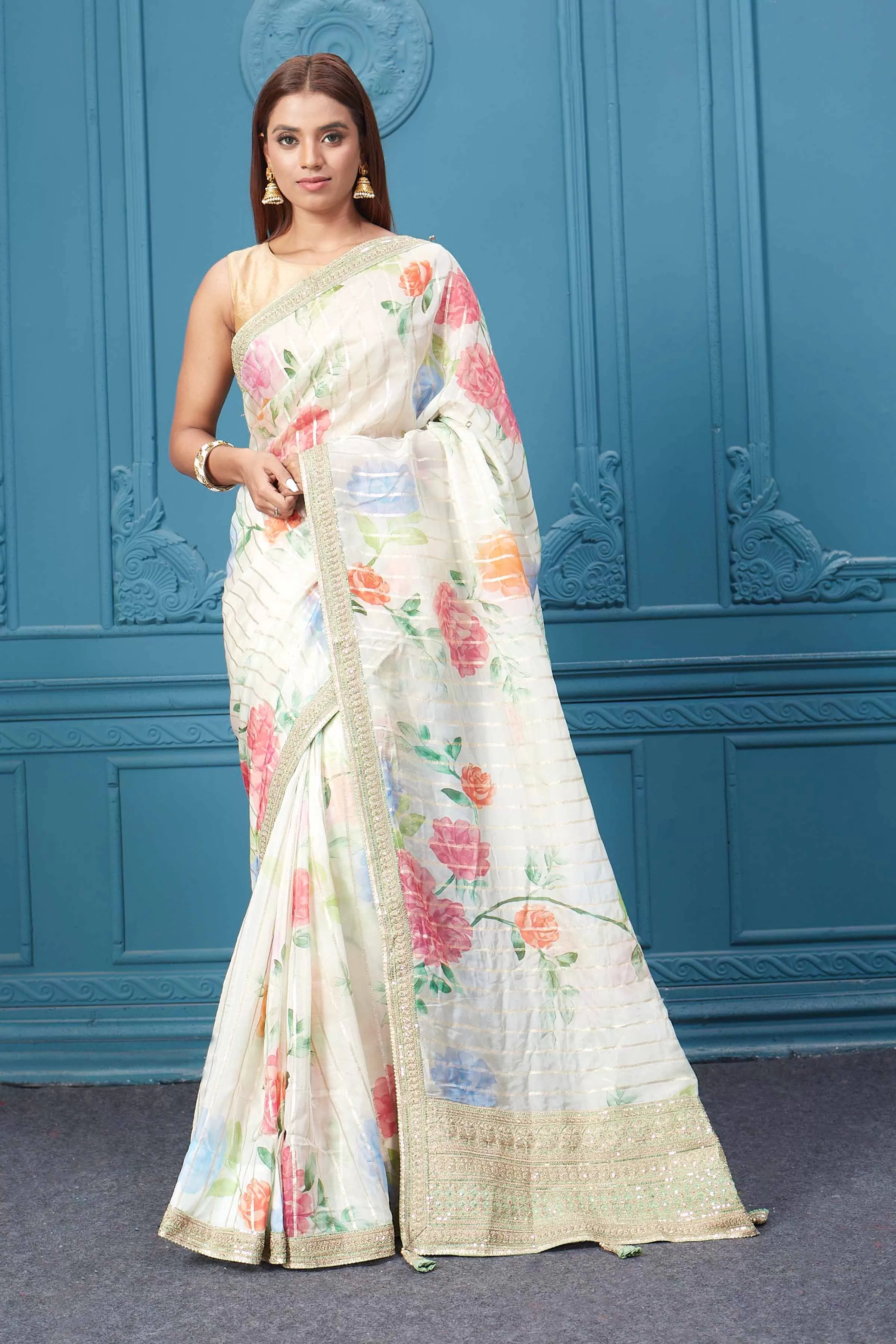 91A109 Cream Floral Embroidered Georgette Saree with Blouse