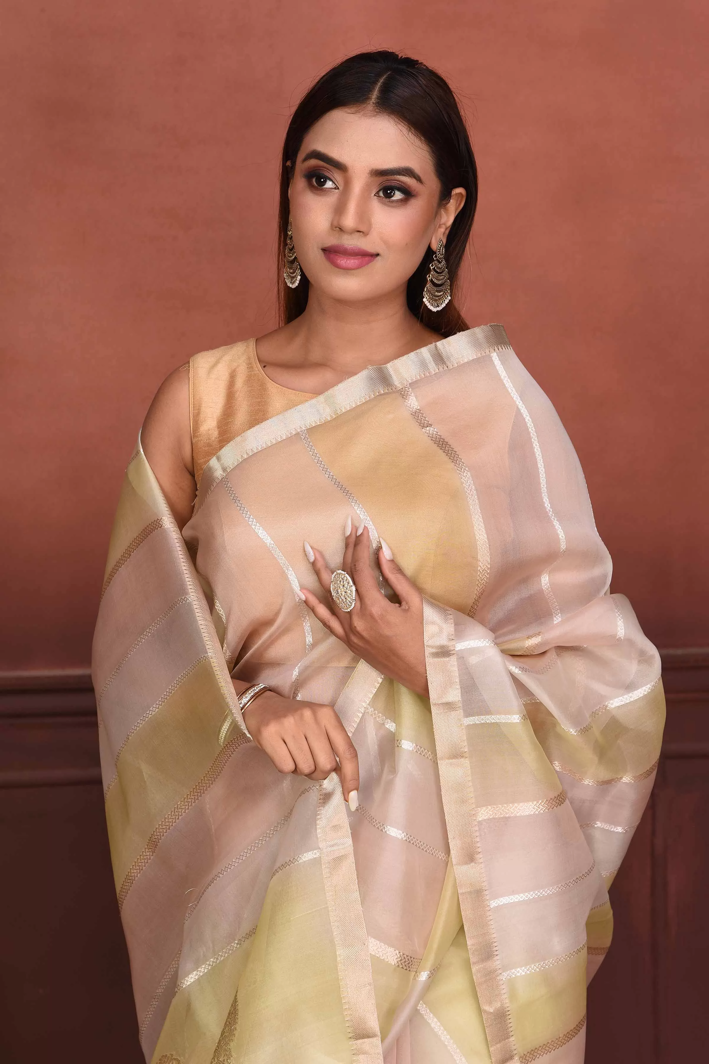 91A145 Yellow and Peach Striped Zari Organza Banarasi Saree