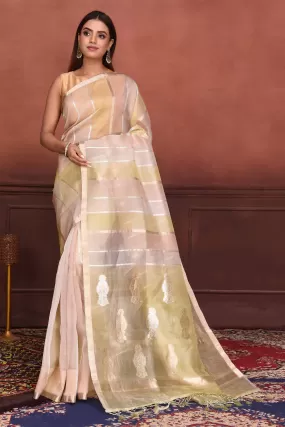 91A145 Yellow and Peach Striped Zari Organza Banarasi Saree