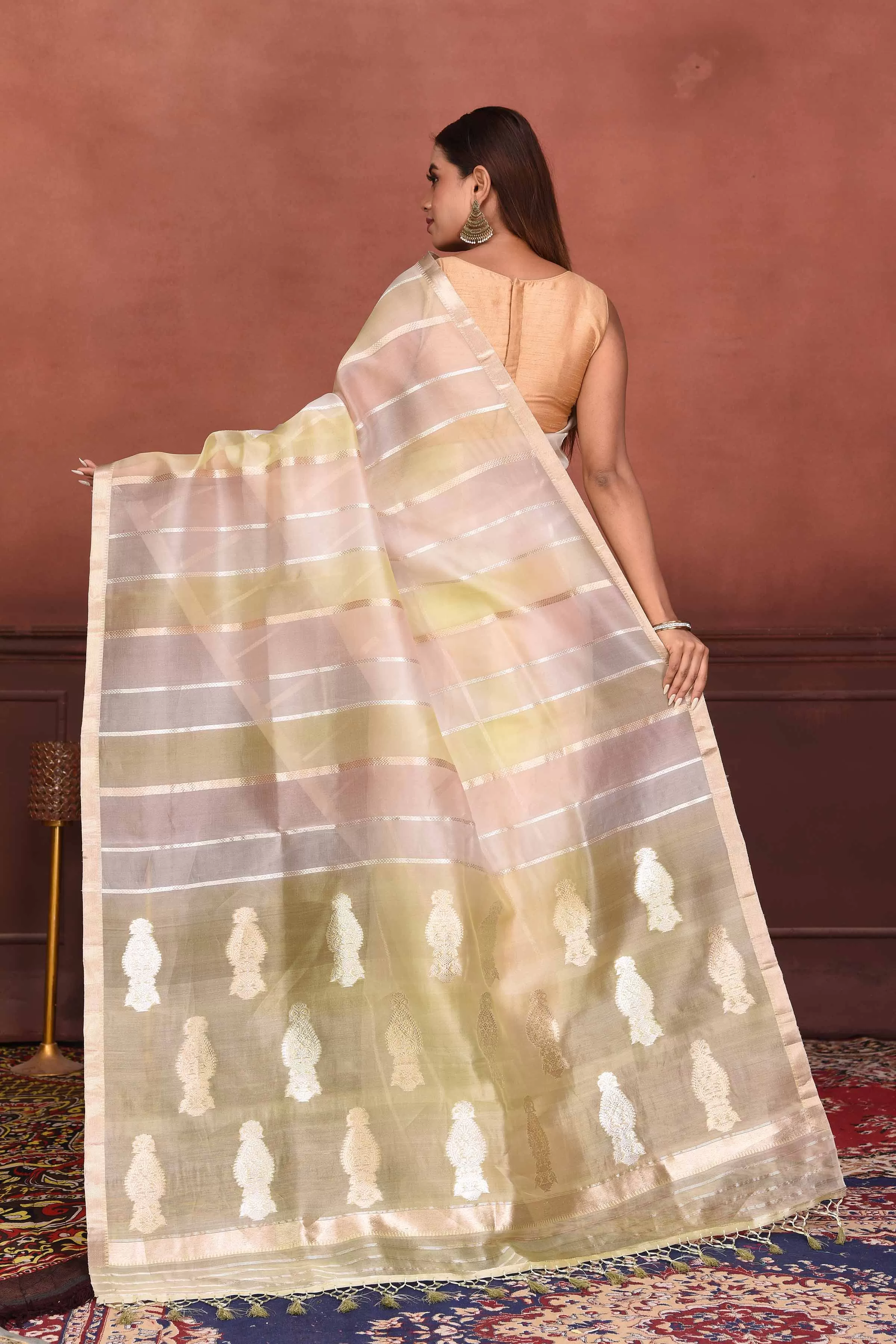 91A145 Yellow and Peach Striped Zari Organza Banarasi Saree