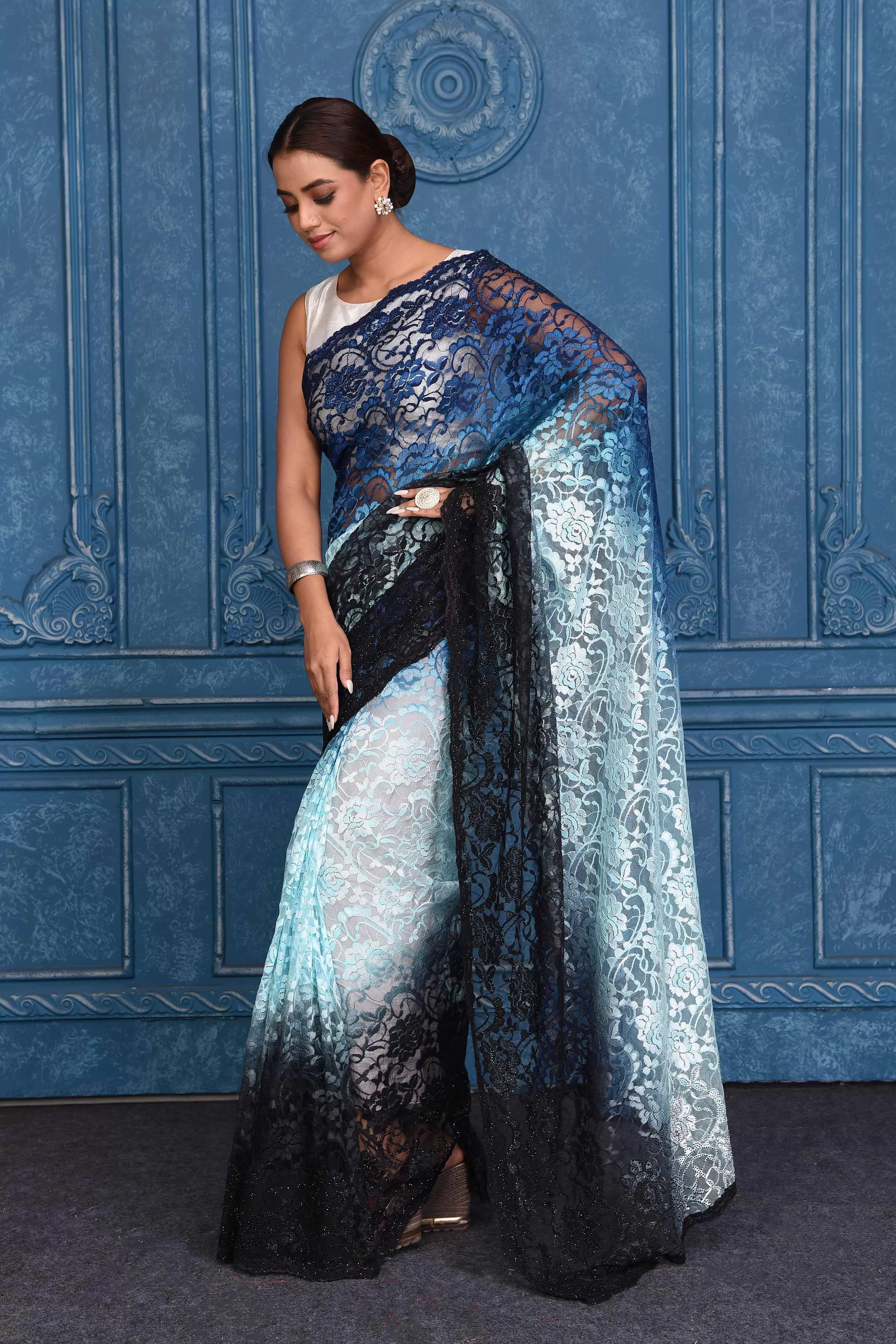 91A202 Ombre Blue Designer Lace Saree