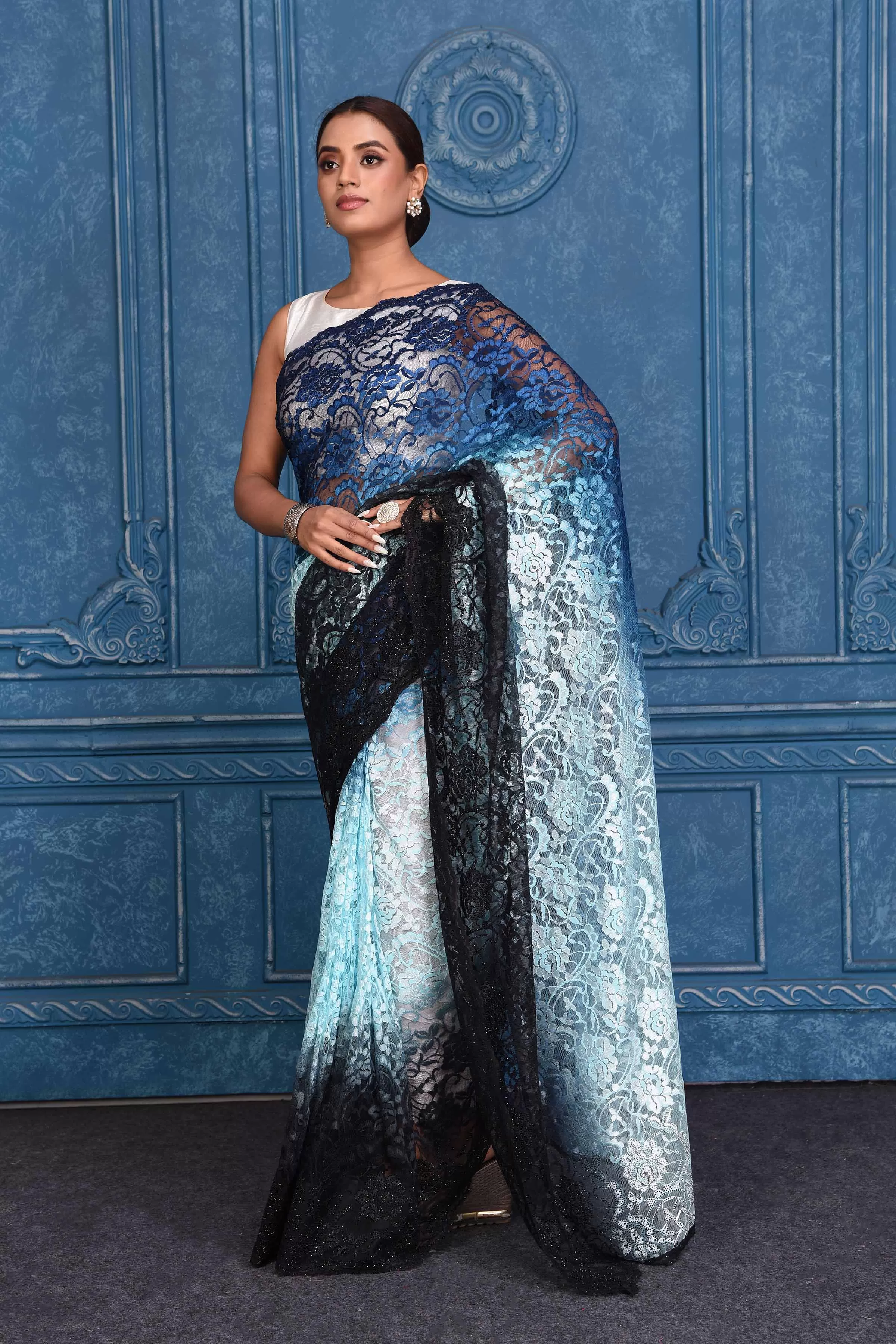 91A202 Ombre Blue Designer Lace Saree