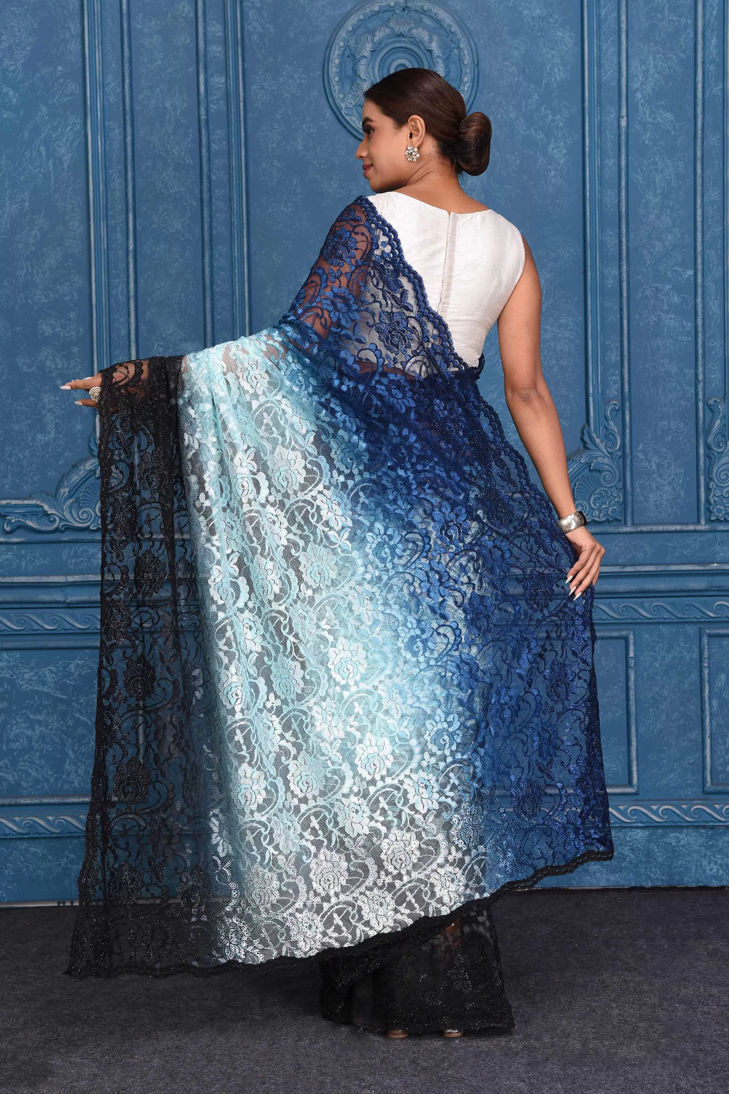 91A202 Ombre Blue Designer Lace Saree