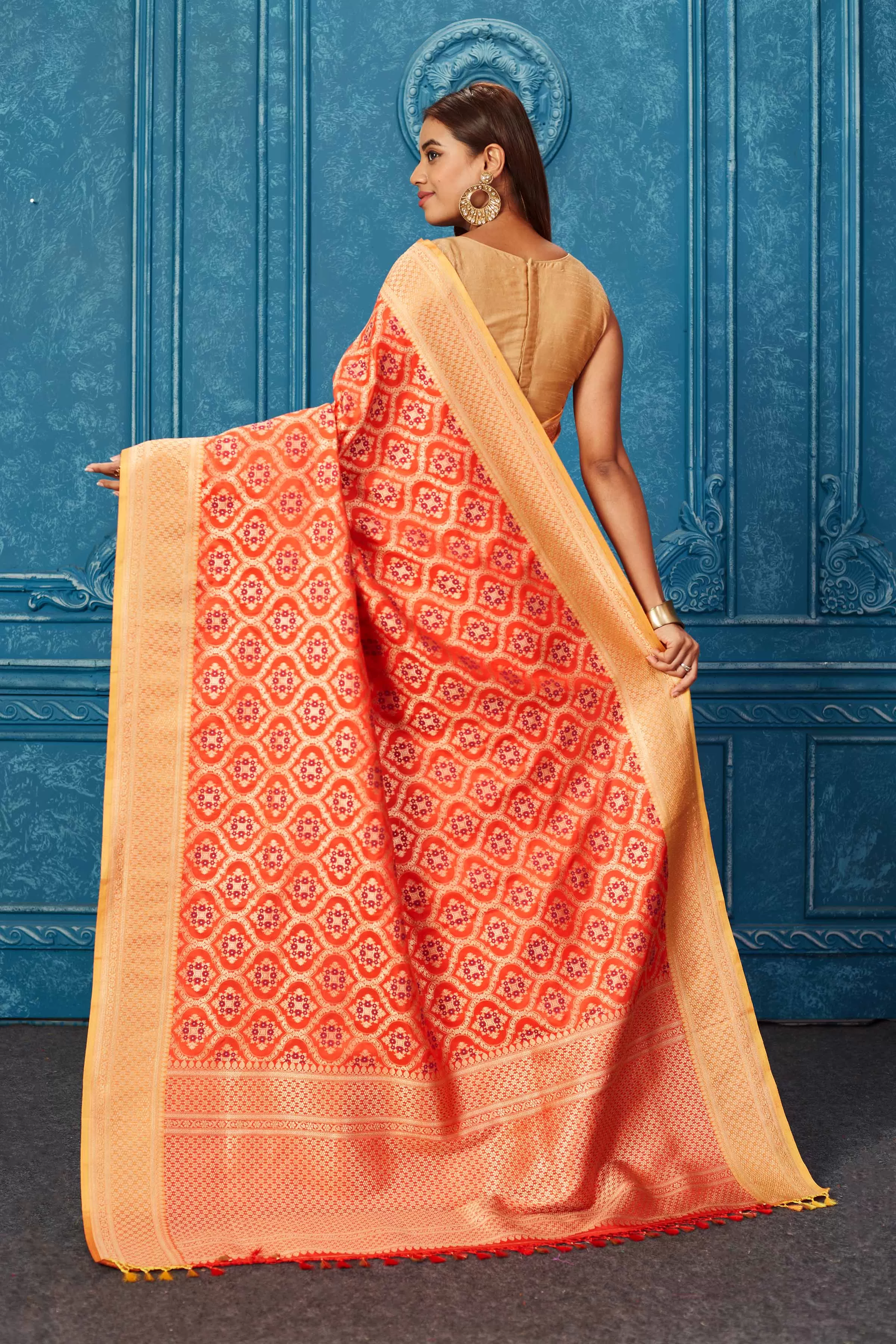 91A225 Orange Banarasi Saree with Zari Minakari Jaal