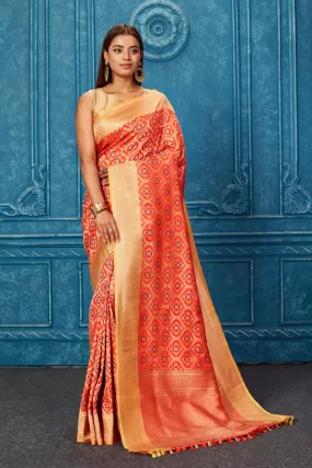 91A225 Orange Banarasi Saree with Zari Minakari Jaal