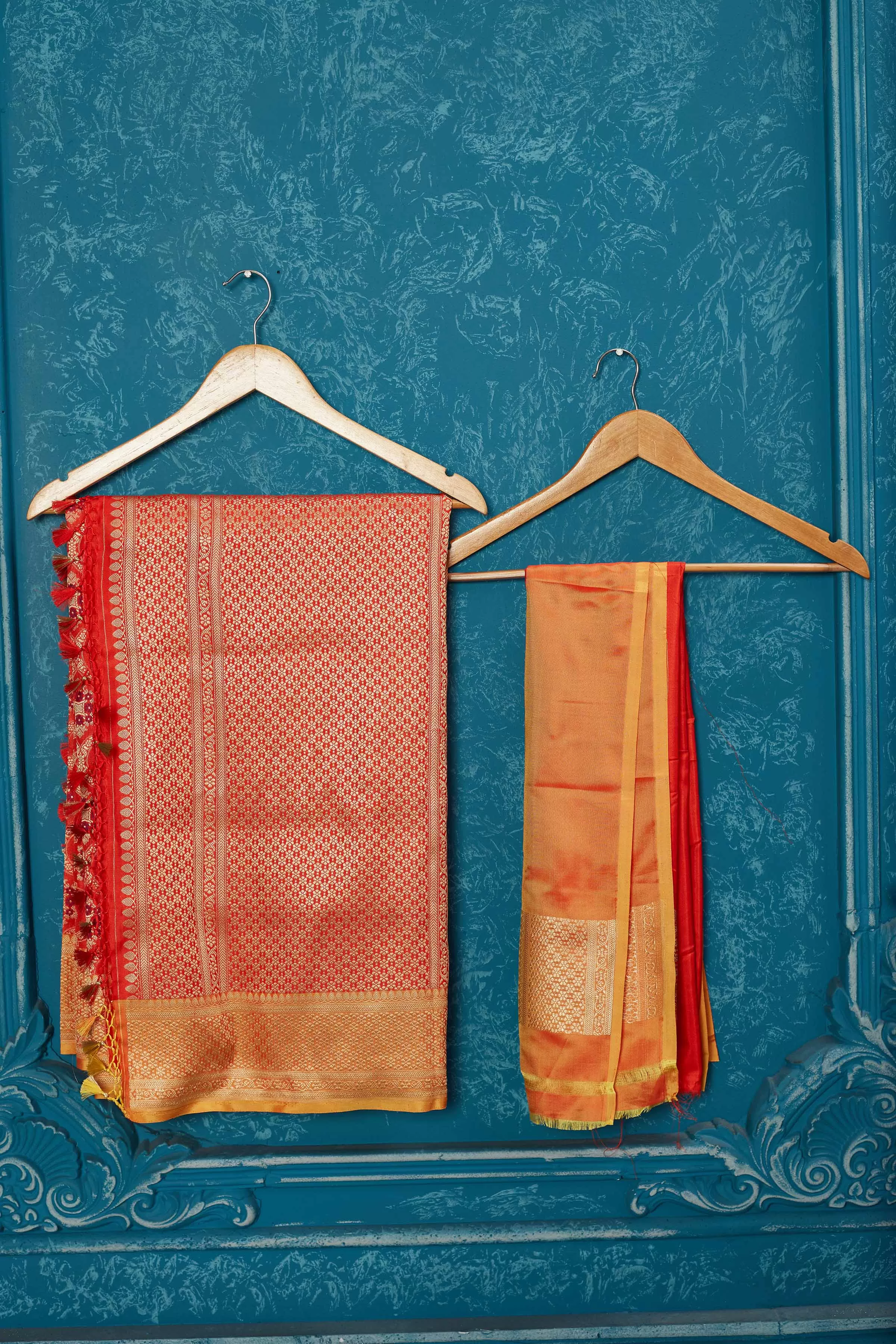 91A225 Orange Banarasi Saree with Zari Minakari Jaal