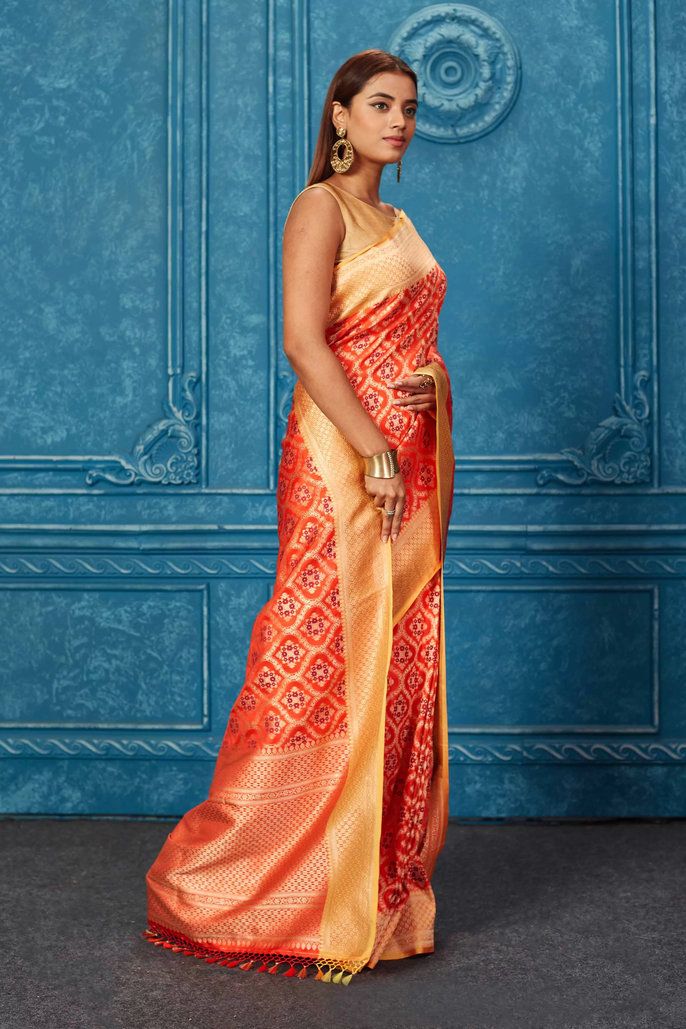 91A225 Orange Banarasi Saree with Zari Minakari Jaal