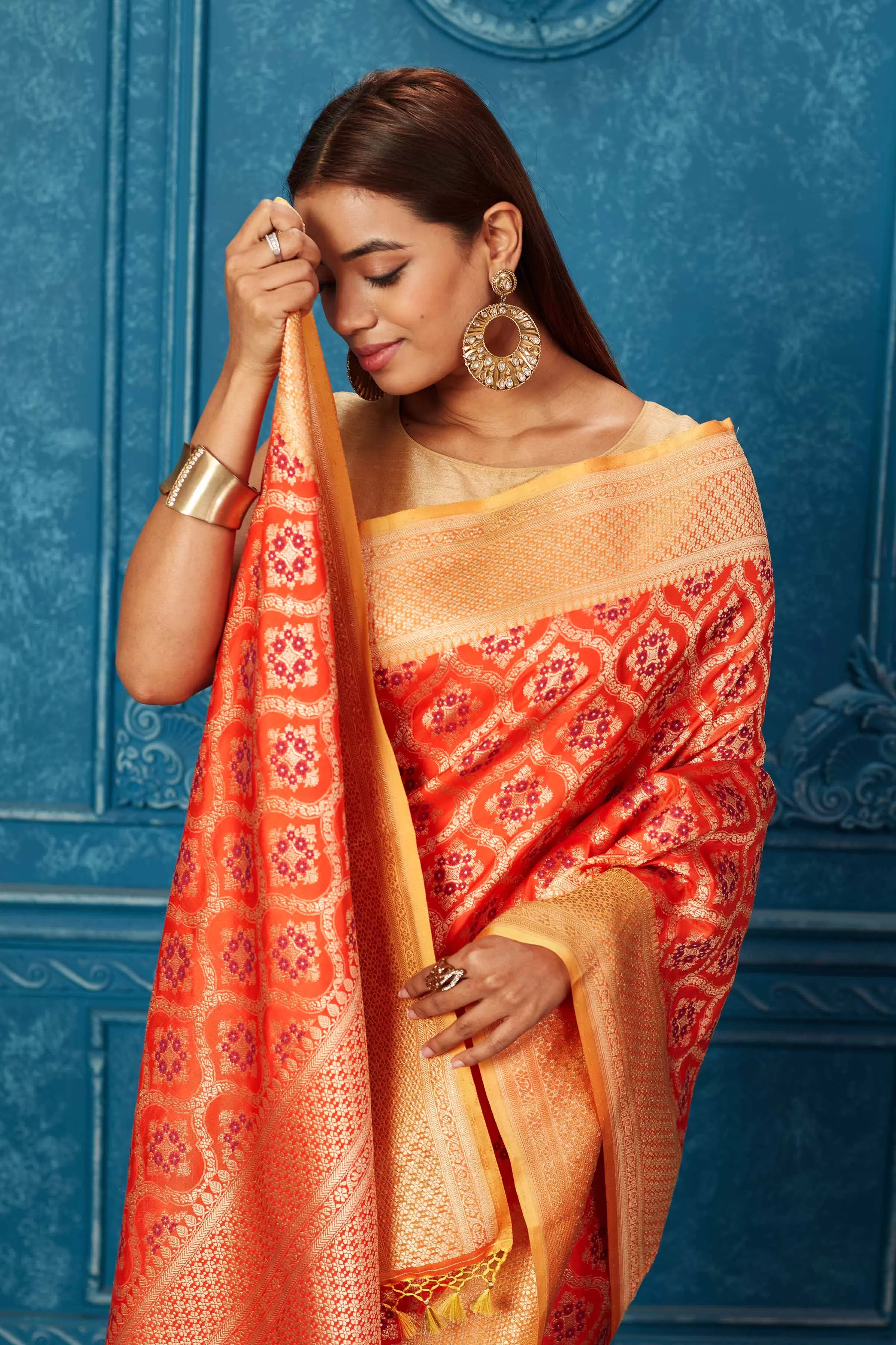 91A225 Orange Banarasi Saree with Zari Minakari Jaal