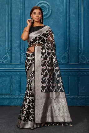 91A231 Black Banarasi Saree with Silver Zari Minakari Work