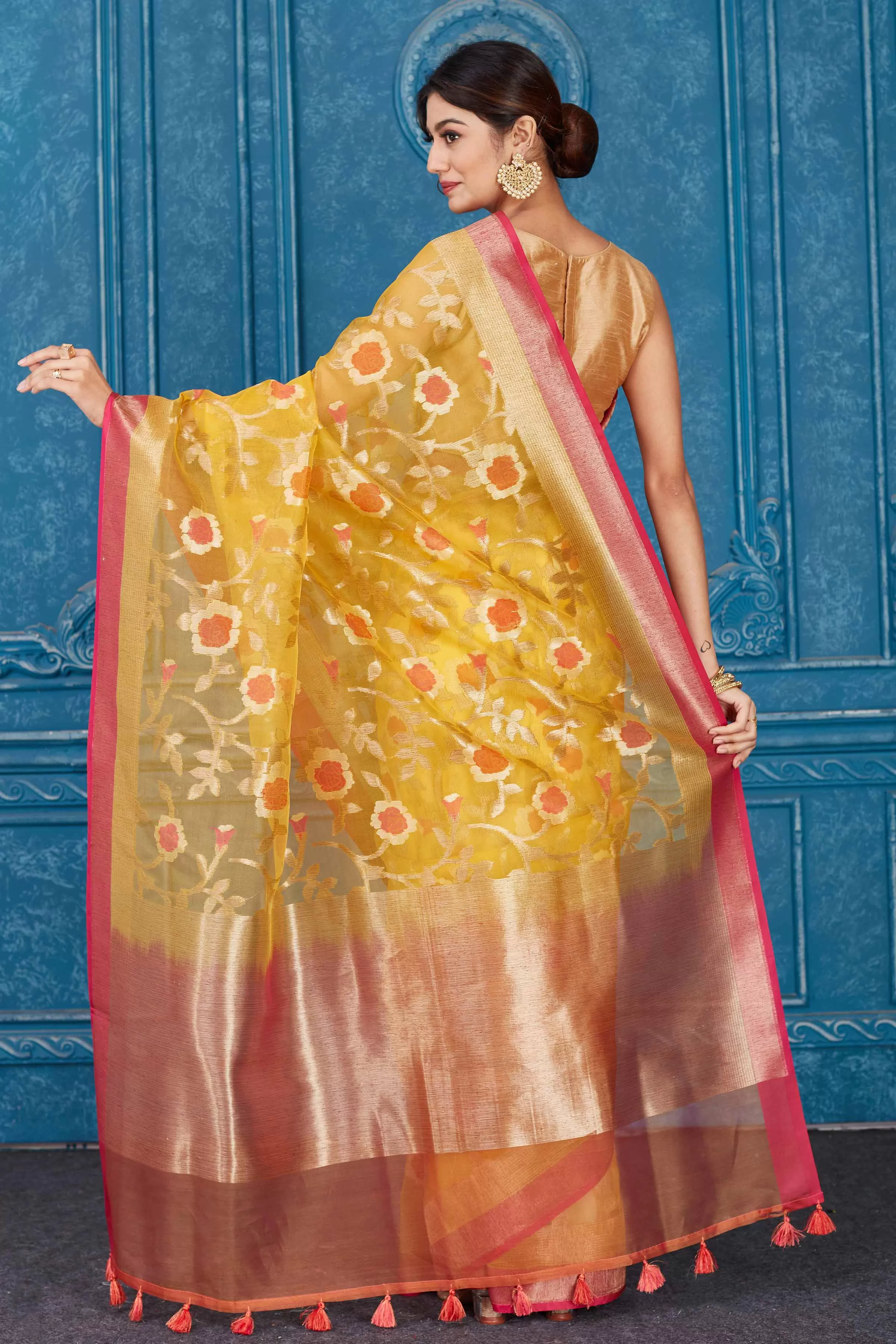 91A309 Yellow Kora Banarasi Saree with Pink Border