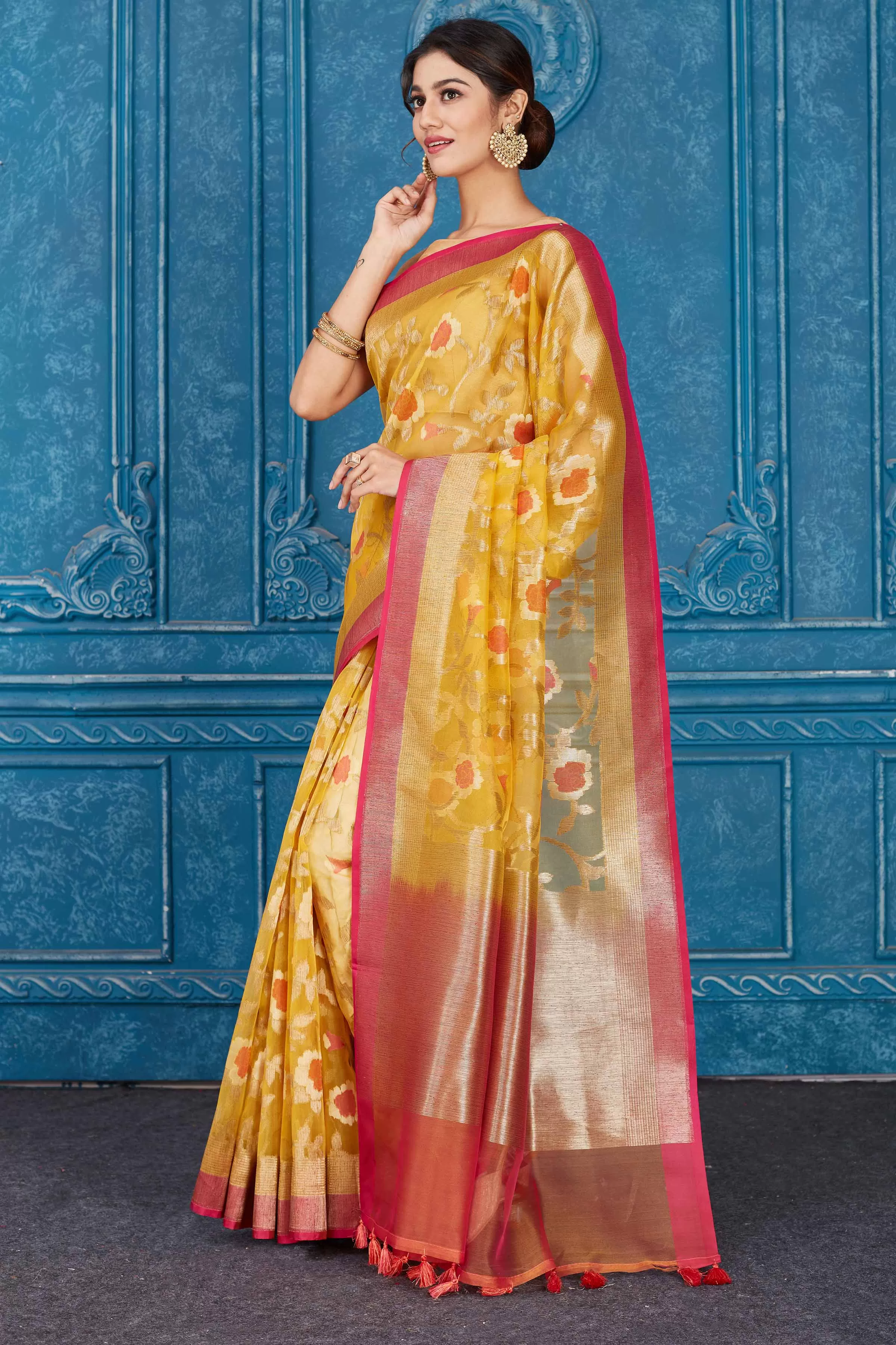 91A309 Yellow Kora Banarasi Saree with Pink Border