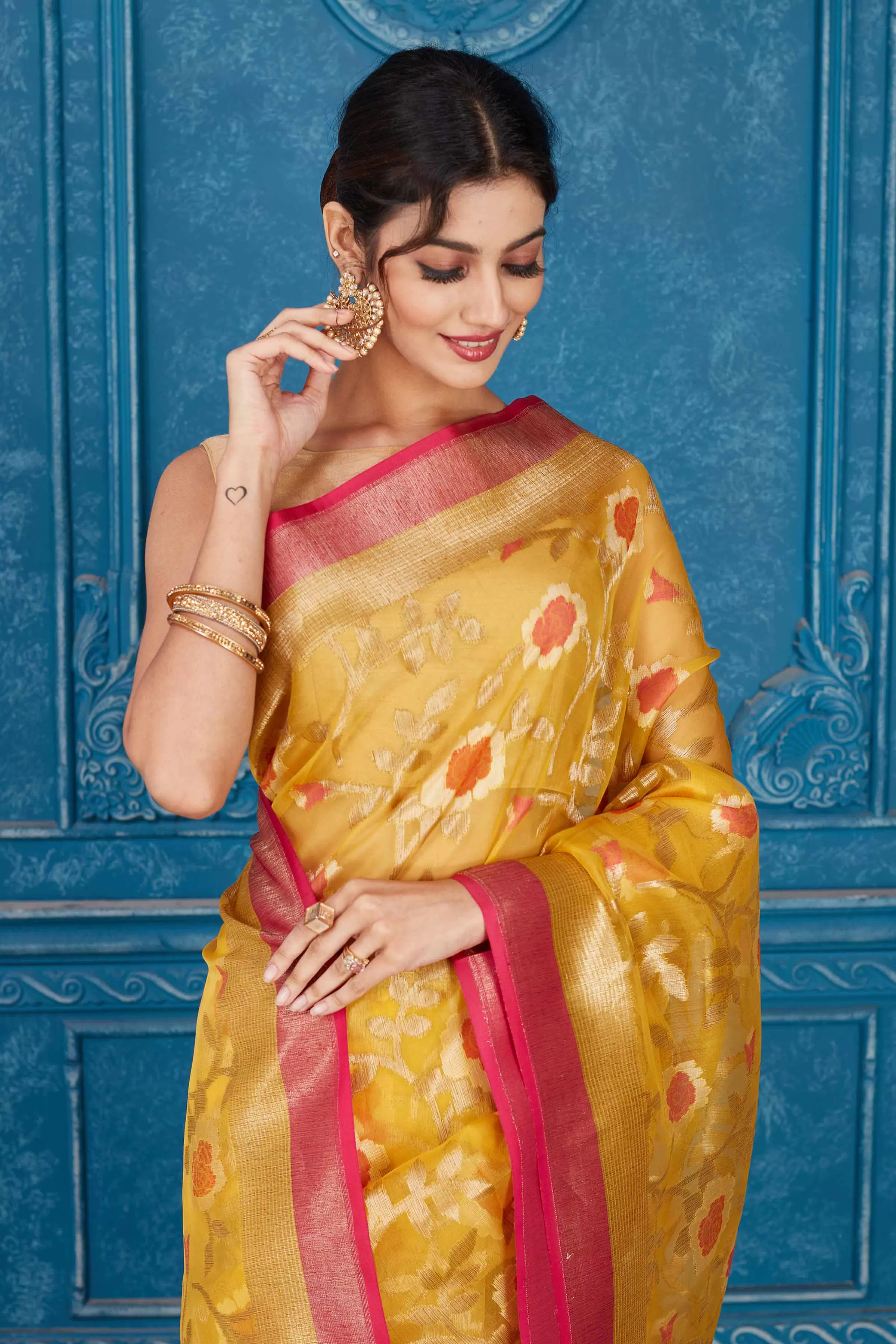 91A309 Yellow Kora Banarasi Saree with Pink Border