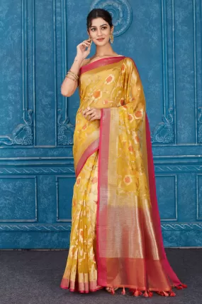 91A309 Yellow Kora Banarasi Saree with Pink Border