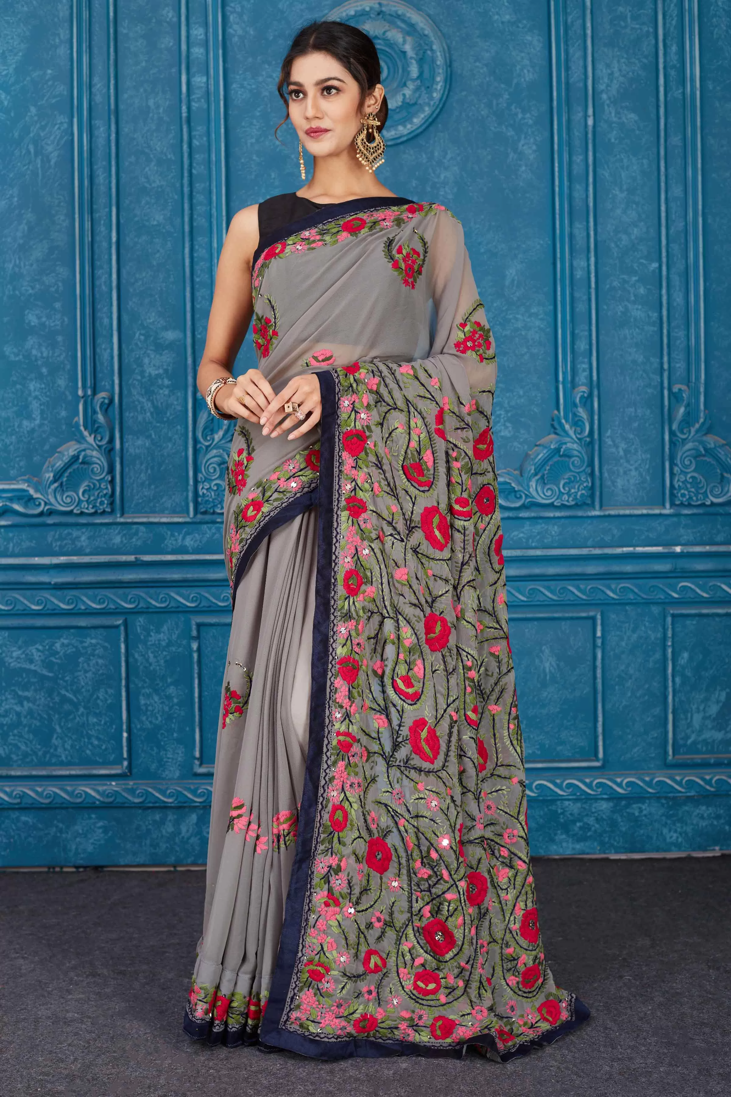 91A330 Dark Grey Phulkari Embroidery Georgette Saree