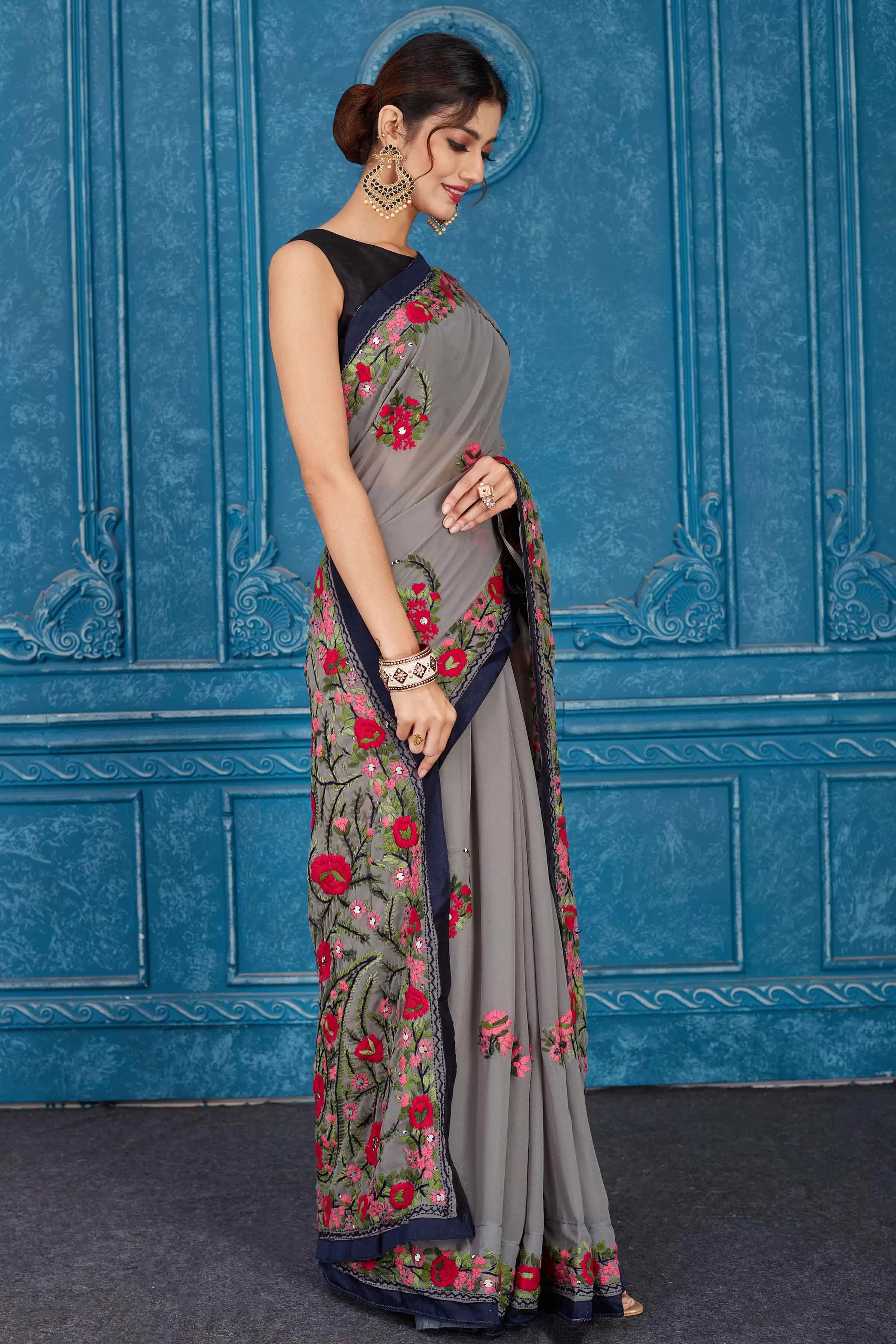 91A330 Dark Grey Phulkari Embroidery Georgette Saree