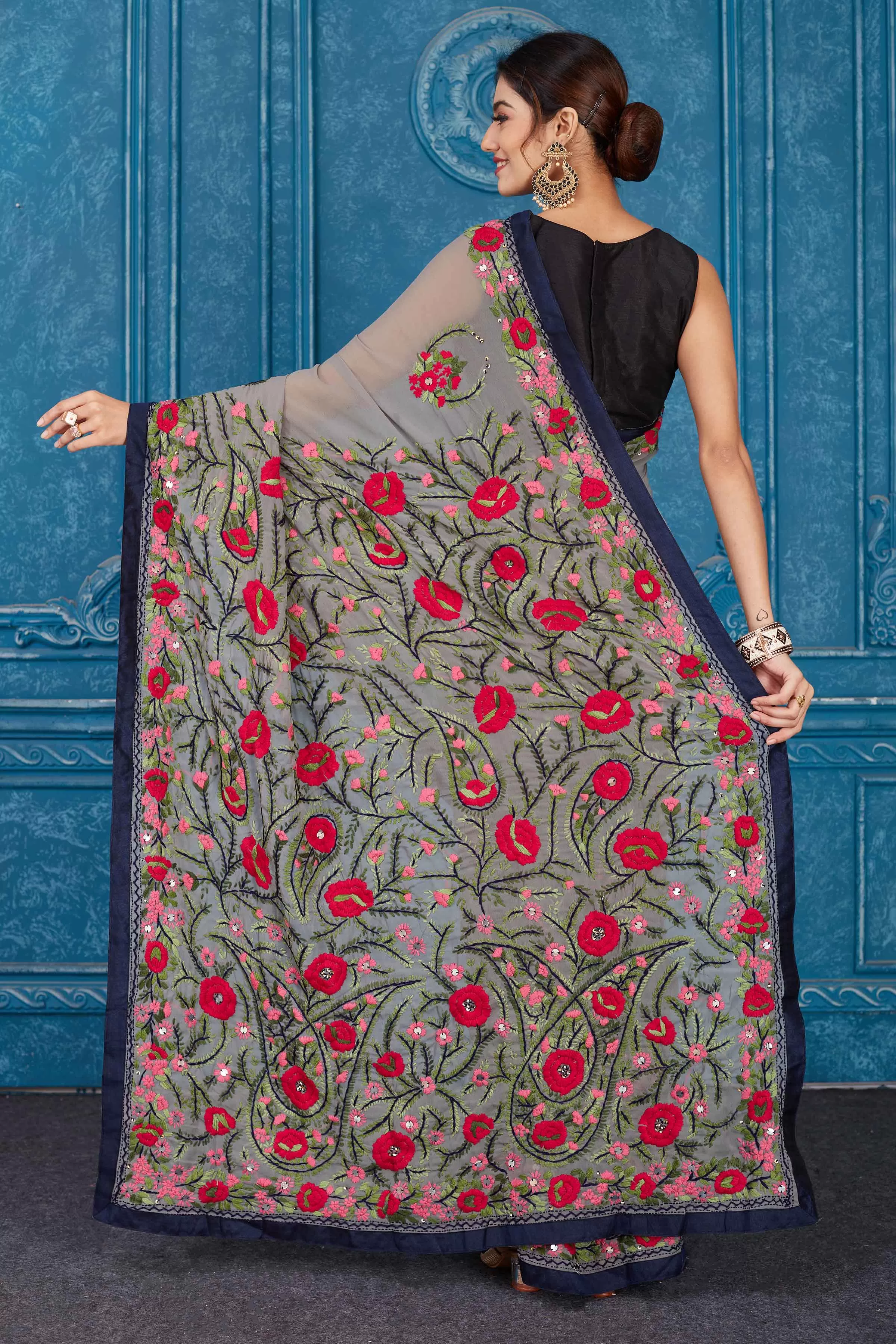 91A330 Dark Grey Phulkari Embroidery Georgette Saree