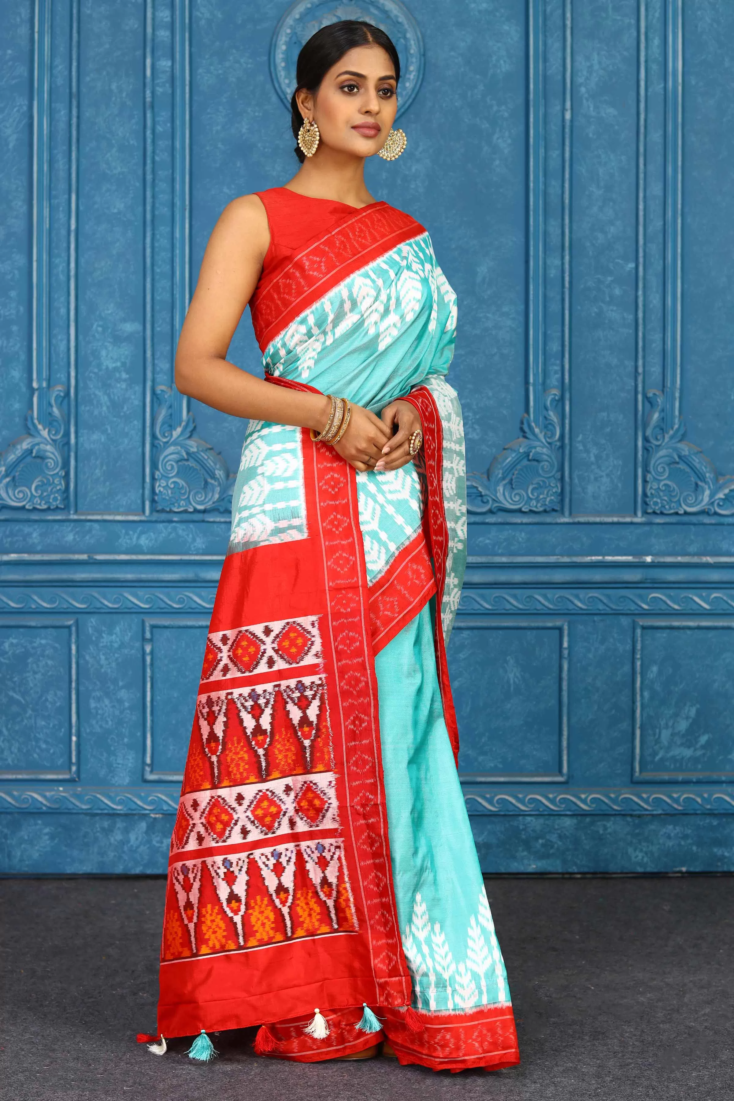 91A431 Light Blue Pochampalli Ikkat Silk Saree