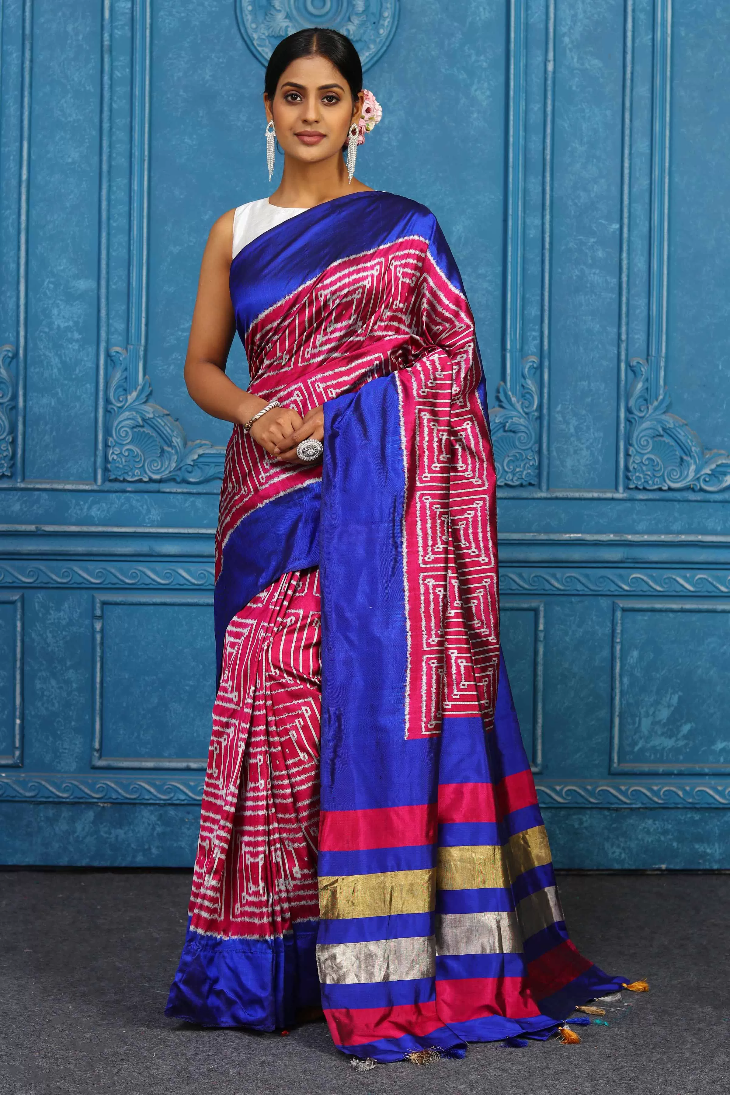 91A441 Pink Pochampally Ikkat Silk Saree with Blue Border