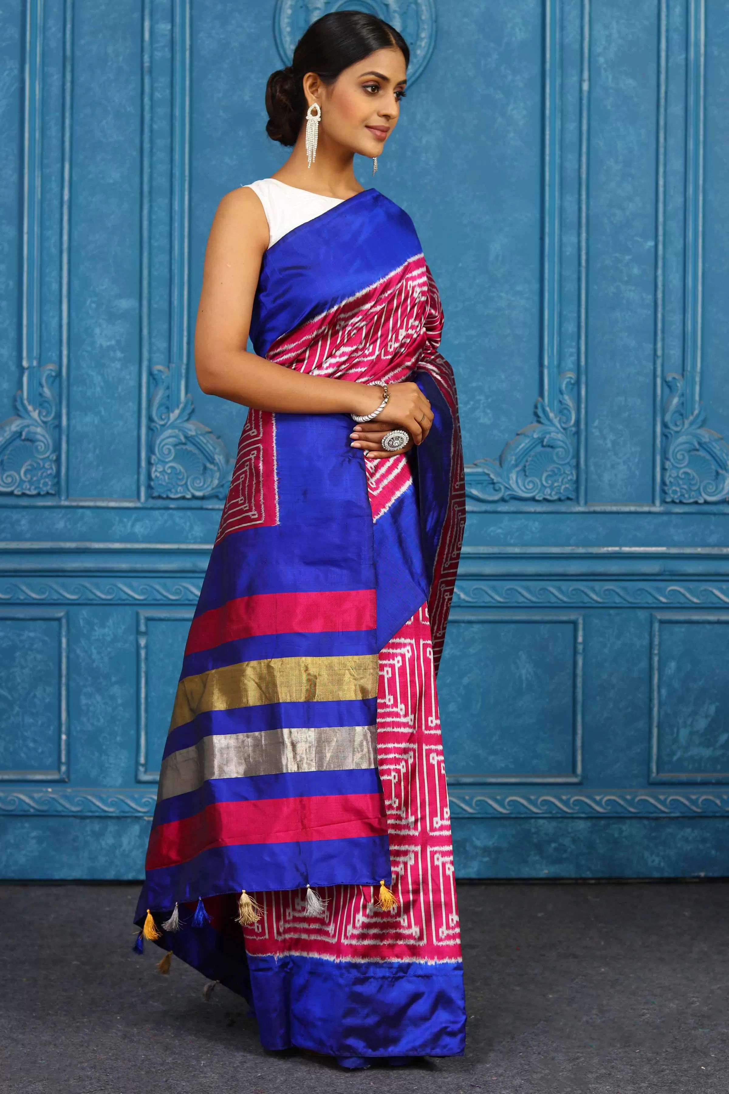 91A441 Pink Pochampally Ikkat Silk Saree with Blue Border